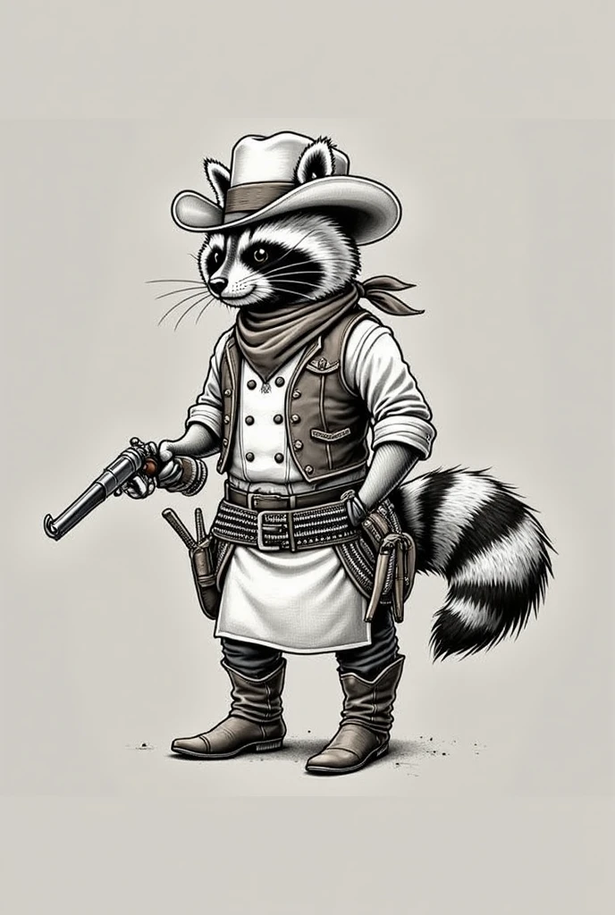 Design a highly detailed and realistic black and white tattoo featuring an angry raccoon wearing a mariachi hat holding a gun. The raccoon should be depicted in a natural posture., not humanoid, with intricately detailed fur and expressive eyes. The weapon must be well defined, with visible details that reflect its classic design. In the background, There must be a dynamic explosion, with thick strokes and black ink that create bold contrasts, emphasizing the intensity of the scene. The design should capture a moment of action with a dramatic touch, highlighting the texture and depth of the raccoon and the background.