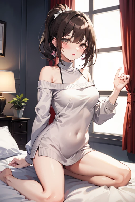 (masterpiece、highest quality、High resolution、realistic pictures、real looking skin:1.1)、
(A woman is sitting on a sofa in a hotel lobby:1.8)、
(The length of the dress is short so you can probably see her panties.、They inevitably lengthen their length to hide their panties.:1.8)、
(looking at her from the front:1.8)、
(she has a grinning expression on her face:1.8)、
(Since it's a hotel, I don't violate manners such as opening my legs apart or standing on my knees.:2.0)、
(She is wearing a gray long-sleeved turtleneck mini-knit dress.:1.8)、
(There is a gap around the chest of that dress and you can see her cleavage.:1.8)、
(I am wearing black middle boots.:1.8)、
(The panties are red and have a pattern.:1.8)、
(Bra and panties are always included:1.5)、
(brown medium ponytail:1.5)、
(small face:1.5)、
(she is 25 years old:1.5)、
(Her breasts are D cup, so you can see her cleavage through the gap between her breasts.:1.5)、
(Location: Hotel lobby sofa:1.5)、
1 Japanese girl、solo、full body esbian、beautiful eyes、shining eyes、Shining thighs、NSFW