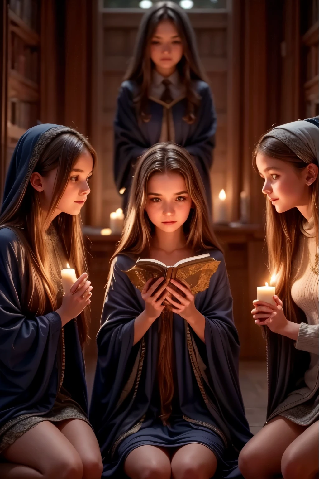 A majestic classroom of magic lit by floating candles and glittering spells. Four young witches, each representing one of the houses of the prestigious Eldoria Academy—Lumen, Umbra, Aether, and Terranova—are seated at their seats, concentrating on an advanced spell. At the center of the scene, Professor Selene Veyra, wrapped in an elegant midnight blue cloak, casts a powerful incantation, while objects levitate harmoniously around her. The atmosphere is charged with magic, with luminous trails dancing in the air and ancient tomes floating above the students. The style is intended to be detailed and fantasy-like, with bright colors and a touch of mystery.