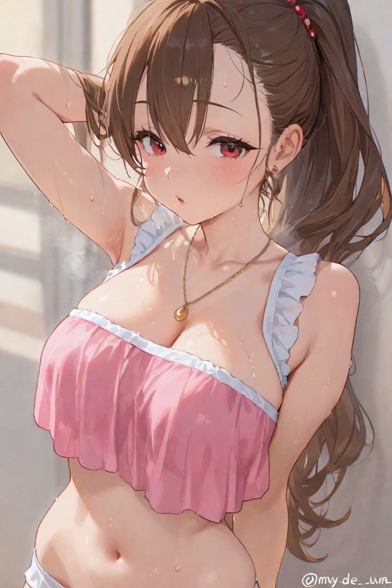 ((Brown hair)),((Braided shorthair)),((Pigtails)),((With black eyes)),((With bangs)),(Open your clothes to the left and right to show your chest),((close up)),(Leaning forward to show cleavage),Slight red tide,The pure white bra that looks like her toned face turns red with embarrassment.)),(close up of face),((underwear wickro bra color),((A lot of hearts are flying)),(The cleavage is soaking wet),NSFW