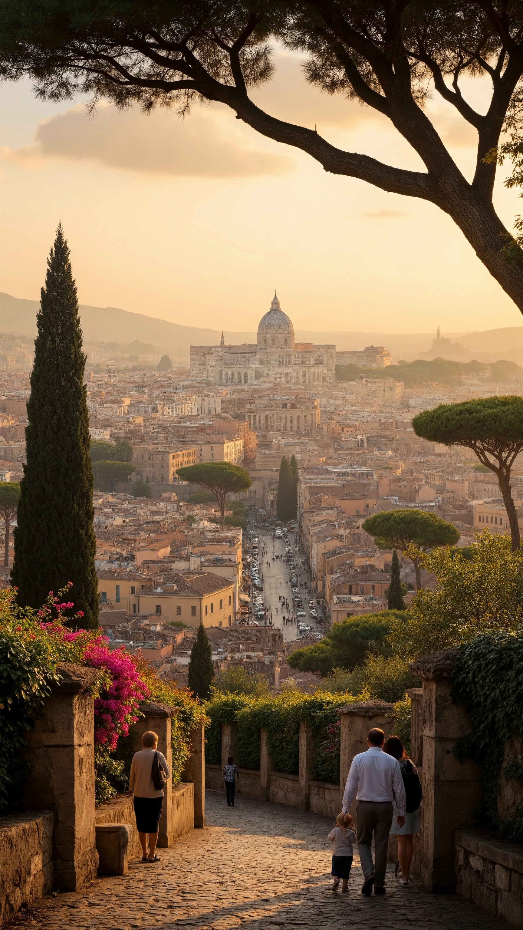 highdefinition images、 Ancient Roman Empire、the cityscape of Rome、People Looking Down々、The Colosseum can be seen from the top of the hill、Flowers and trees々The beautiful cityscape of、 tree branch、8k、( High Quality Seven Colored Flowers )the city full of fantasy、the soft sunrise of the Roman Empire
