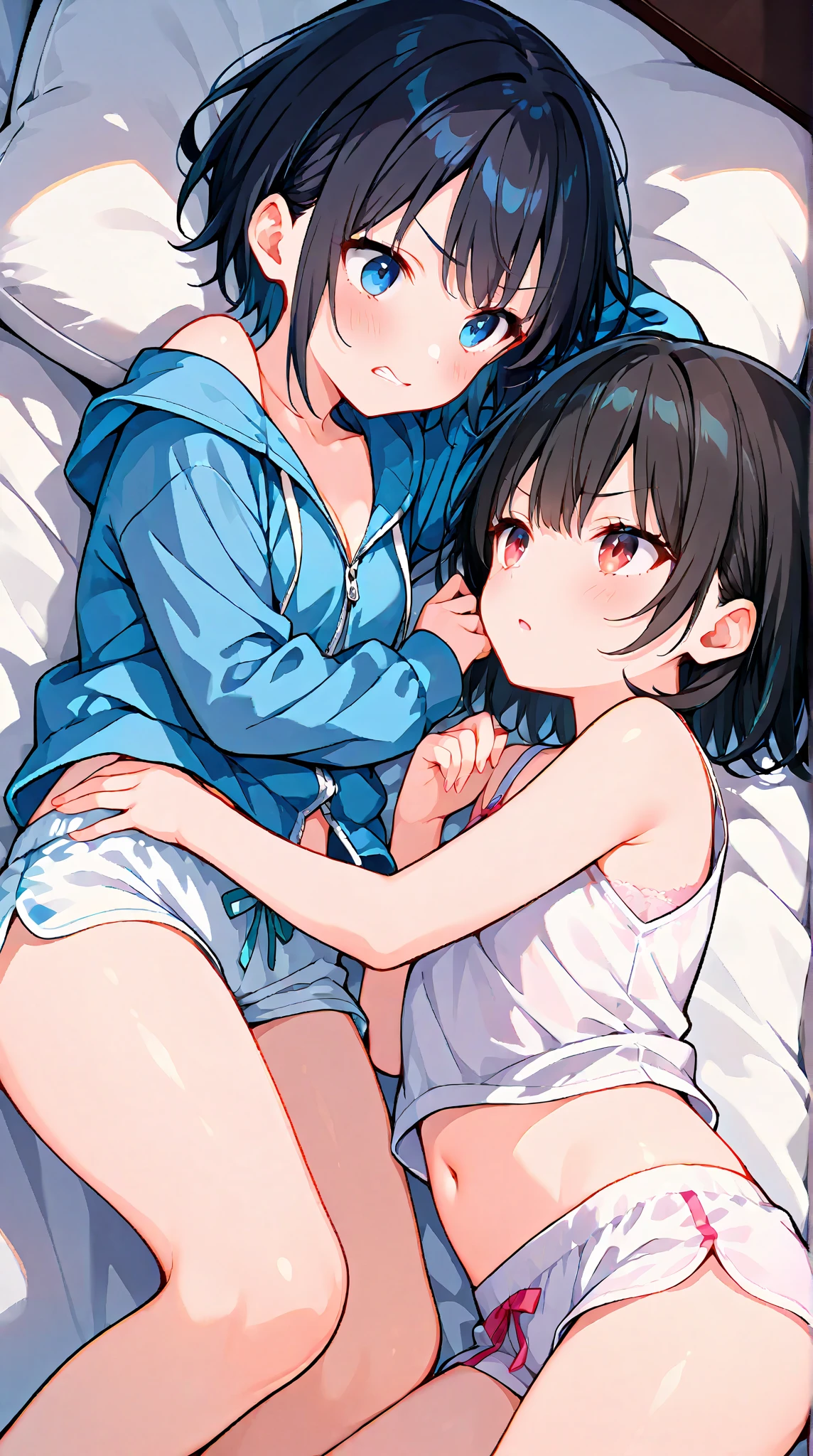Highly detailed, vibrant color, detailed skin, detailed fabric, detailed eyes. Brown haired young woman, beautiful, gorgeous, mature, bob hair, brown eyes, small to medium breasts, smiling, pink perky nipples, unbuttoned pajamas, white panties, Tokyo, laying down, stretching pose, seldie, gravure magazine cover