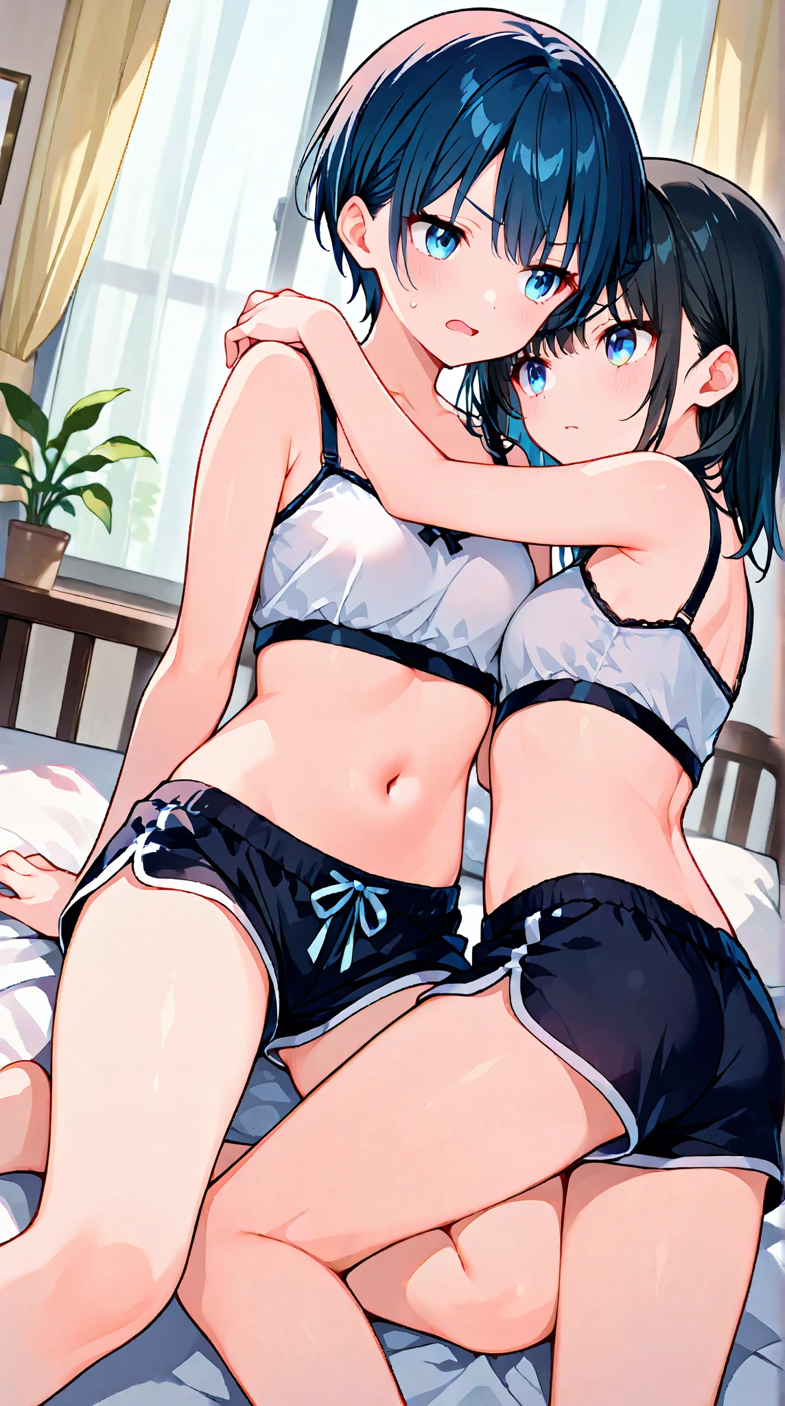 Hands Behind Back,Tied with hands behind back,lick,open mouth,tongue out,cum on tongue,front face,from front,front view,looking at viewer, looking ahead,from above,cowboy shot,2girl,twins,Beautiful 11 year old girl,Japanese,Slender,,low length,Small breasts,Thin legs,Small Ass,Baby Face,Small face,Black Hair,one side up,Gray Eyes,Drooping eyes,Round eyes,middle School girls,A see-through black and light blue negligee,lingerie,Collar with leash,Kneeling,Straight Stand,Beautiful and detailed anime art,I'm in love,Desire expression,crave,Sexy vibe,Dimly lit room,On the bed,Simple Background,Gray background,Low lighting,