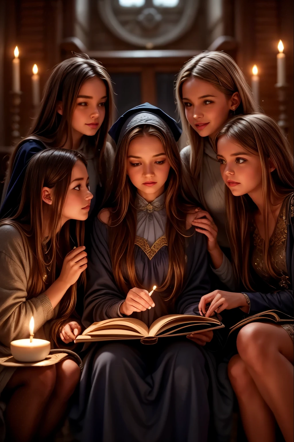 Three girls in Gothic costumes are holding candles and praying, black magic spells, scary horrifying satanic rituals, spell casting, spell casting wizard, Wicca, Bruxas, com poderes de magia negra, !5 three eyed goddesses, em vestes roxas escuras, 3 sisters look into the mirror, Kramskoi 4 mil, holy flame spell, Wiccano, little girl with magical powers