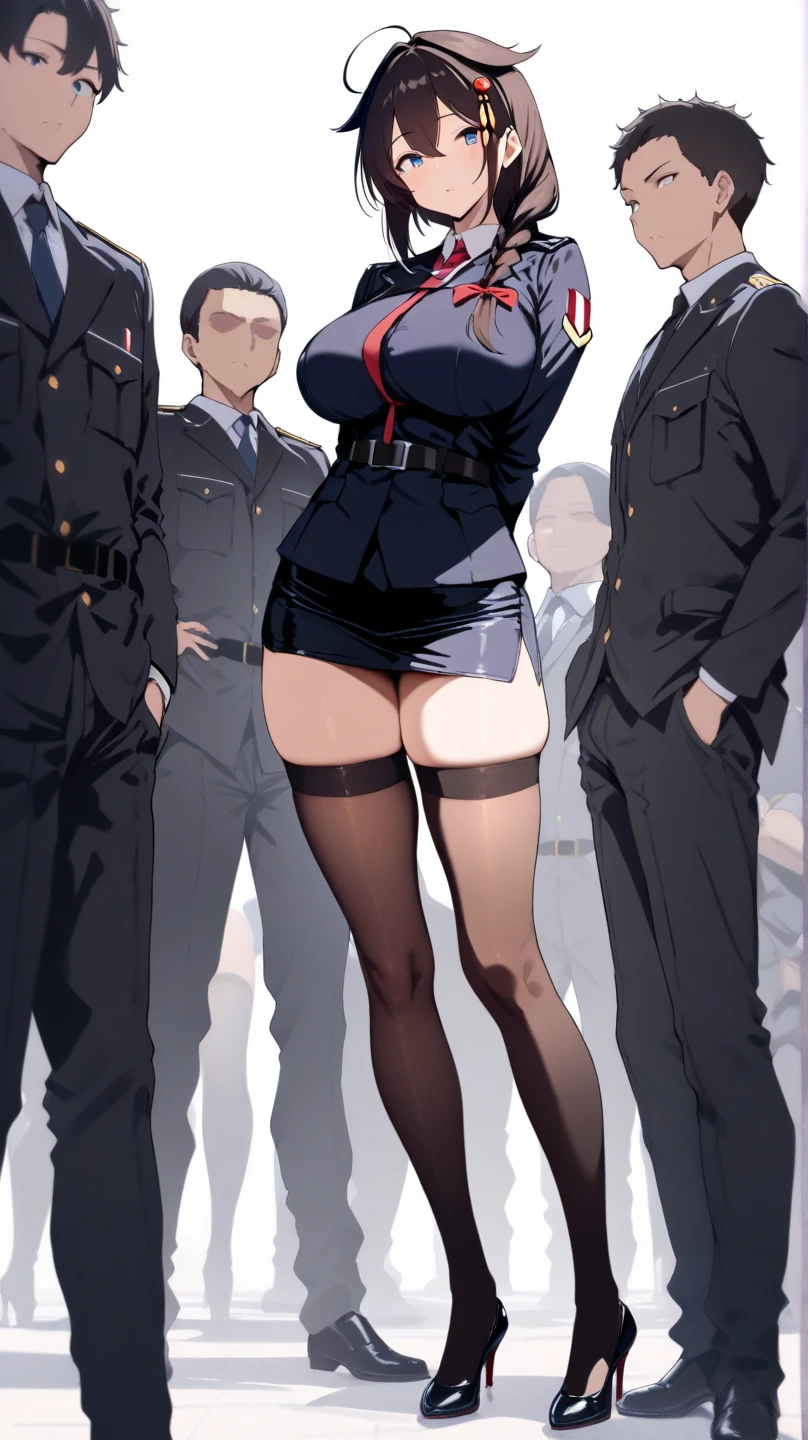 One Woman、Many people々、Beauty、soldier、military base、女性soldier、crowd、jet black military uniform、beret、Short tight skirt、soldier、30 years old、Model standing、Hands on hips、Looking down at the viewer,stepping on someone with high heels、 Long Hair、Stepping on a sleeping man、Man being tortured、bangs, Highest quality, Focus on the thighs, Angry face、rage、panties、Plump thighs、Big 、Big Ass、 good、Black Hair,My thighs are steaming between my legs 、Sweaty pantyhose、パンストの下のpanties、bra、Black Pantyhose、Angle from directly below、Hold the whip、Throb、crowdを誘惑する、Acme convulsions、Obscene sound effects、Naughty sound effects
