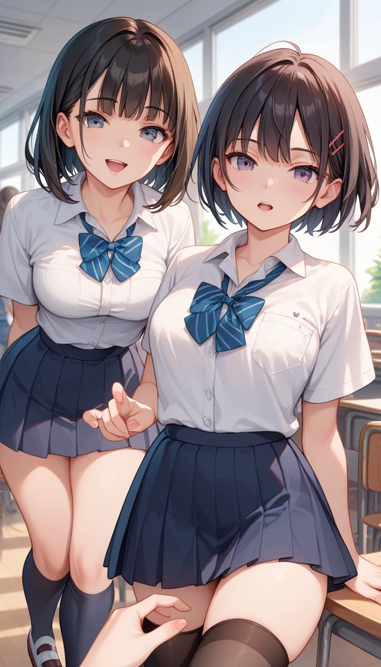 Beautiful woman, (Perfect Anatomy), Slim figure、(OL、White short sleeve shirt、vest、bow tie, detailed side tie panty)、looking at viewer, (Looking up)、(Pussy juice)、(Hug your chest)、20-year-old、(highest quality)、Black Hair, short hair、 Messy Hair, (8k, High resolution)、(Embarrassing:1.4)、(blush), medium breast, (steam:1.1), Embarrassed face