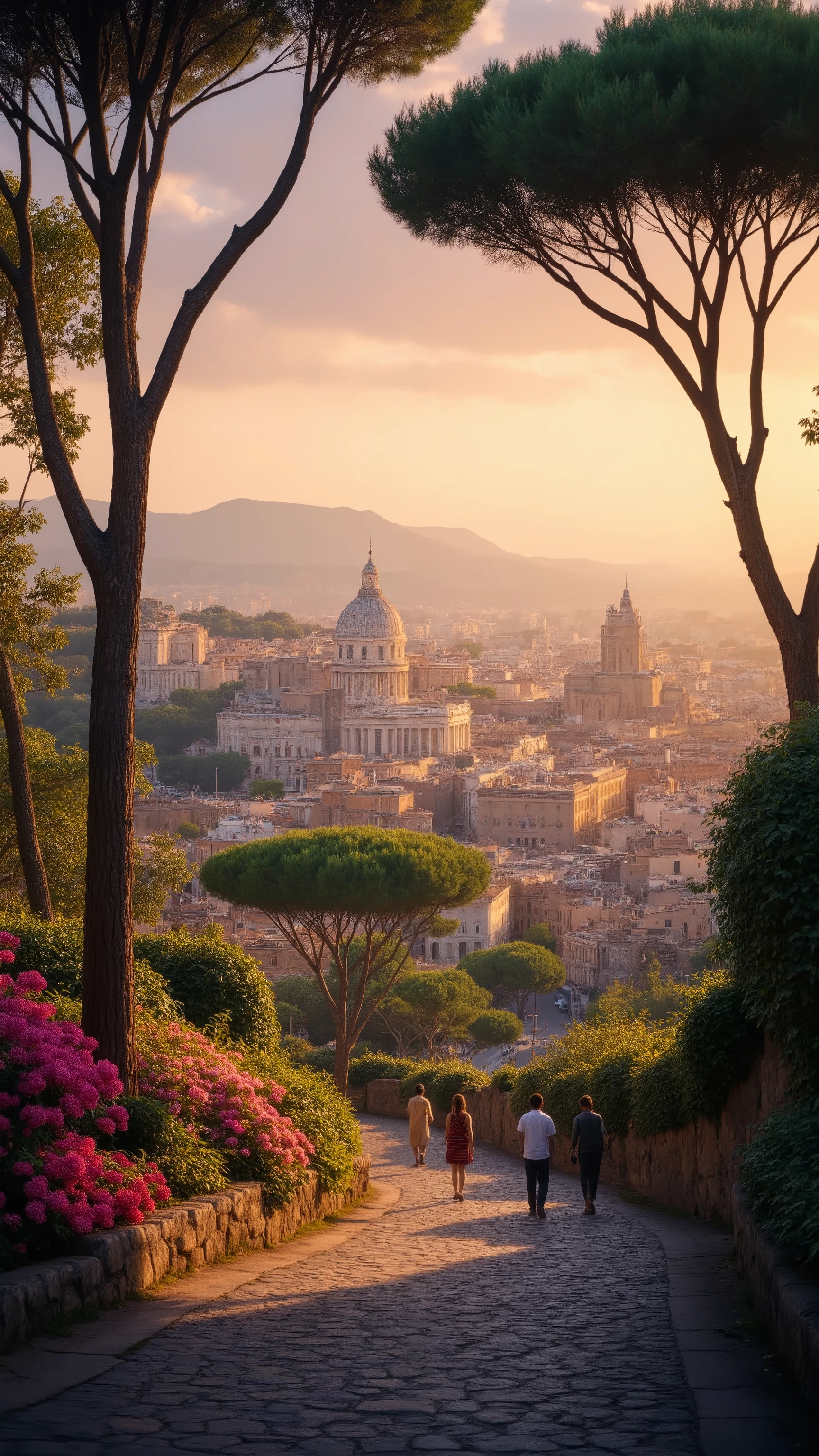highdefinition images、 Ancient Roman Empire、the cityscape of Rome、People Looking Down々、The Colosseum can be seen from the top of the hill、Flowers and trees々The beautiful cityscape of、 tree branch、8k、( High Quality Seven Colored Flowers )the city full of fantasy、the soft sunrise of the Roman Empire