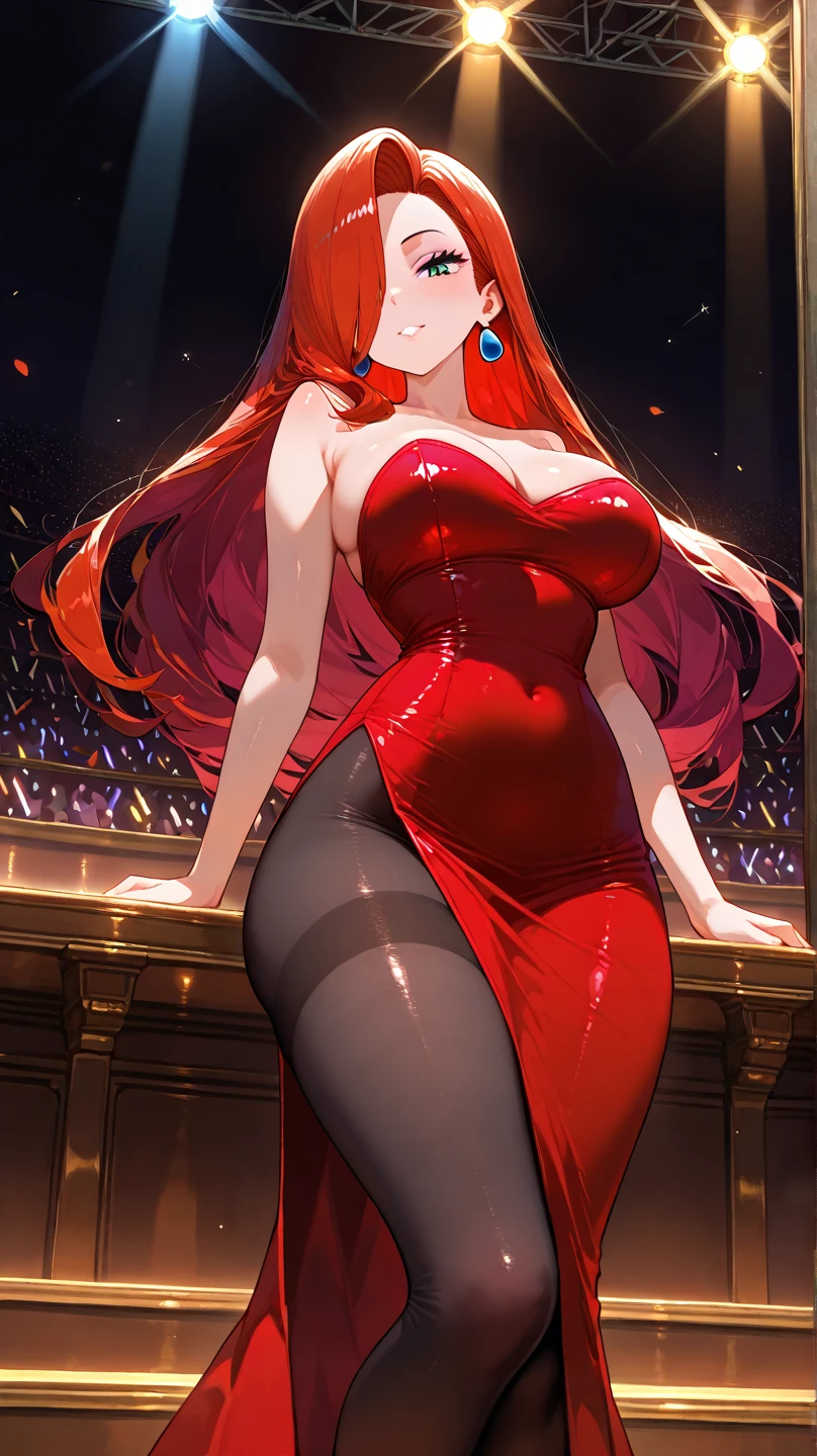 masterpiece, best quality), intricate details, 1 girl, woman, orange hair, nami \ (one piece\), (long hair), clothes, wearing evening dress, luxury nightclub, scenery, ((front view)) ((close up shot)) ((solo)), detailed, very high resolution, no blurry image, full body, orange eyes, sligh wavy hair, ((nami from one piece)) ((female nami from one piece)), (huge breasts)