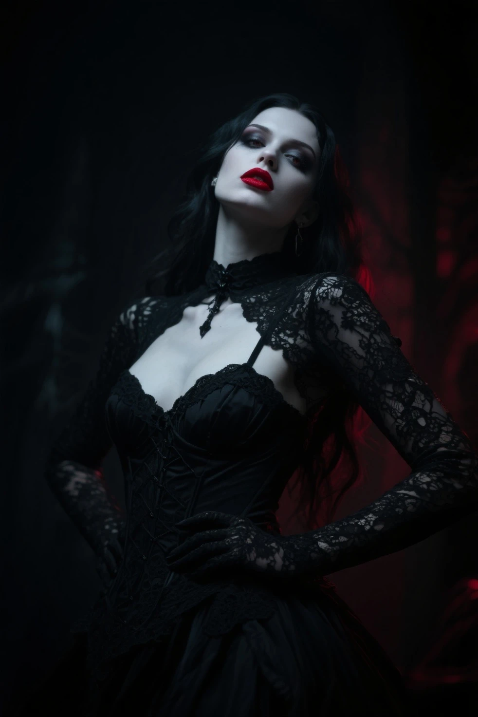 Arafed, dark fantasy art, goth art, a beautiful female vampire wearing a white evening dress stained with blood, an extremely beautiful female vampire, ultra detailed face, black hair, long hair, wavy hair, dark glamour make up, pale skin, red lips, glowing red eyes, visible vampiric fangs, she wears a ((white evening dress: 1.5)), elegant, intricate detailed dress, silk dress, small cleavage, ((dress is decorated with gems: 1.4)), she wears elegant knee high heeled boots, exquisite knee high heeled boots, there are stains of blood on the upper part of the dress, dark novel,