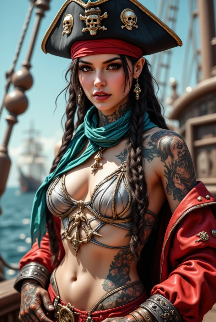 Medium Term, battlefield, Sexy Russian warrior woman, Wear unique styles of dresses and skirts., Six-pack abs, small size and ass, Pirate Ship Captain, Wear a pirate costume., moonlight, tattoo on her arm, her body wet due to rain, big sword in her hand covered in blood, electricity, sword, blood, rain, 8K, Too realistic, Ultra HD,show tits