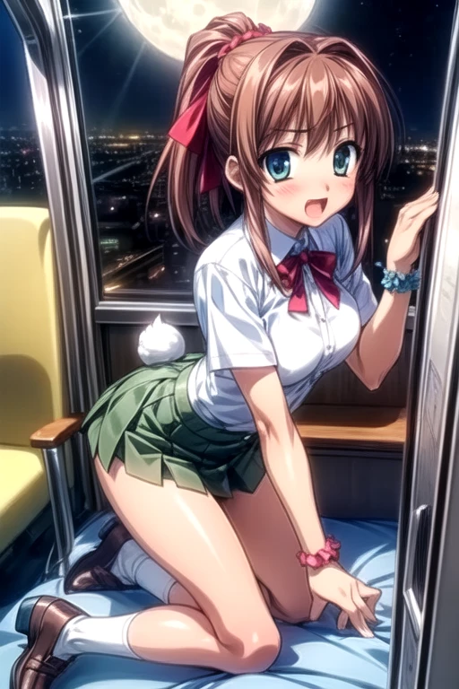(1) Sitting alone on a long seat in a train,Sit with your legs apart,Showing white panties, Composition from the front,Low - Angle,Yoshi,Composition from the front、
(2) I&#39;m a jk, She is wearing a uniform consisting of a miniskirt, sailor suit and loose socks.,
(3) I have medium length brown hair,
(4) The expression is provocative and smirking.,
(5) The location is a long seat on the Yamanote Line at night.,There are no other customers,The view outside the window is the night view of the city