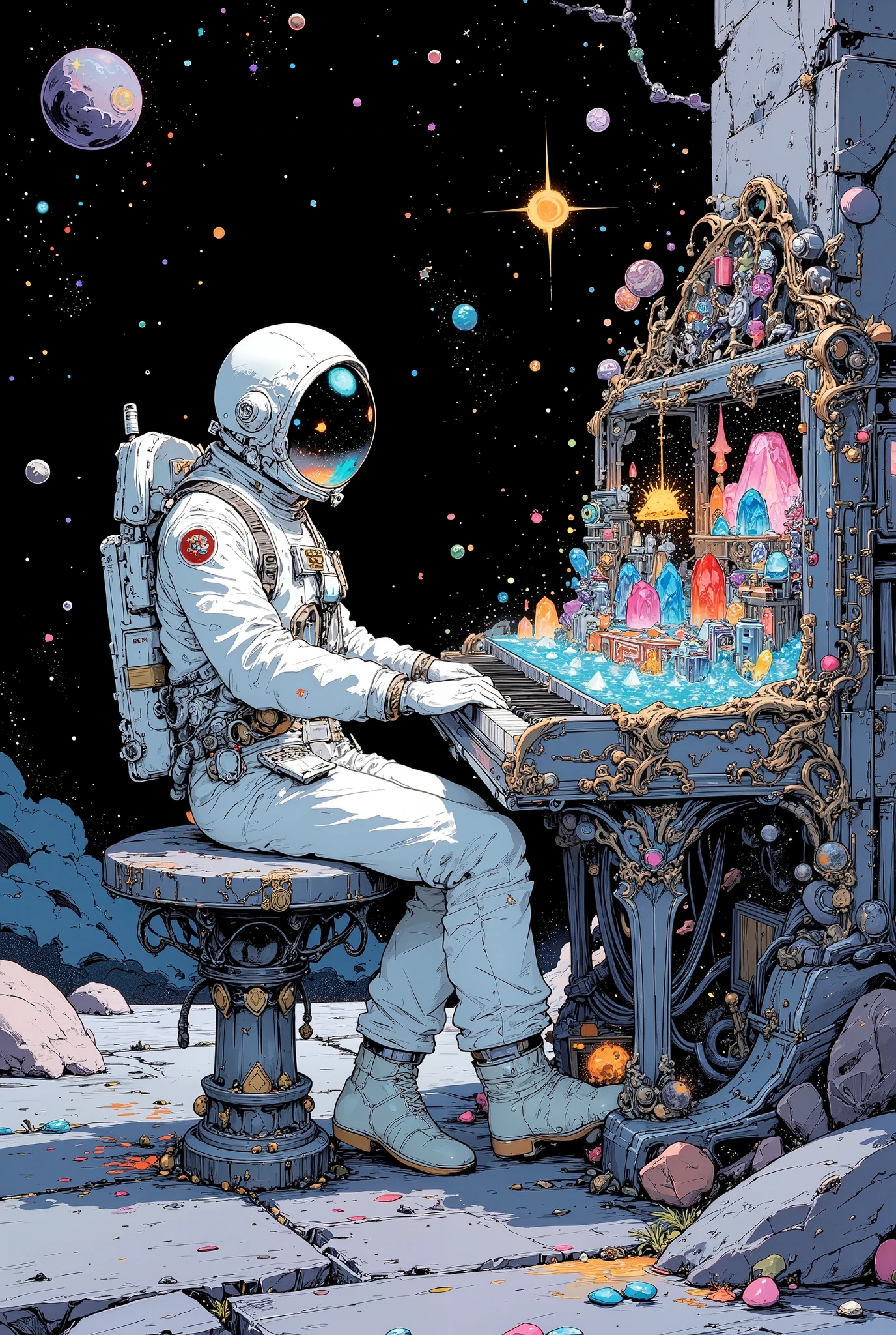 astronauts play the piano to beautiful music、The colorful crystals pulsate and、continue to shine。