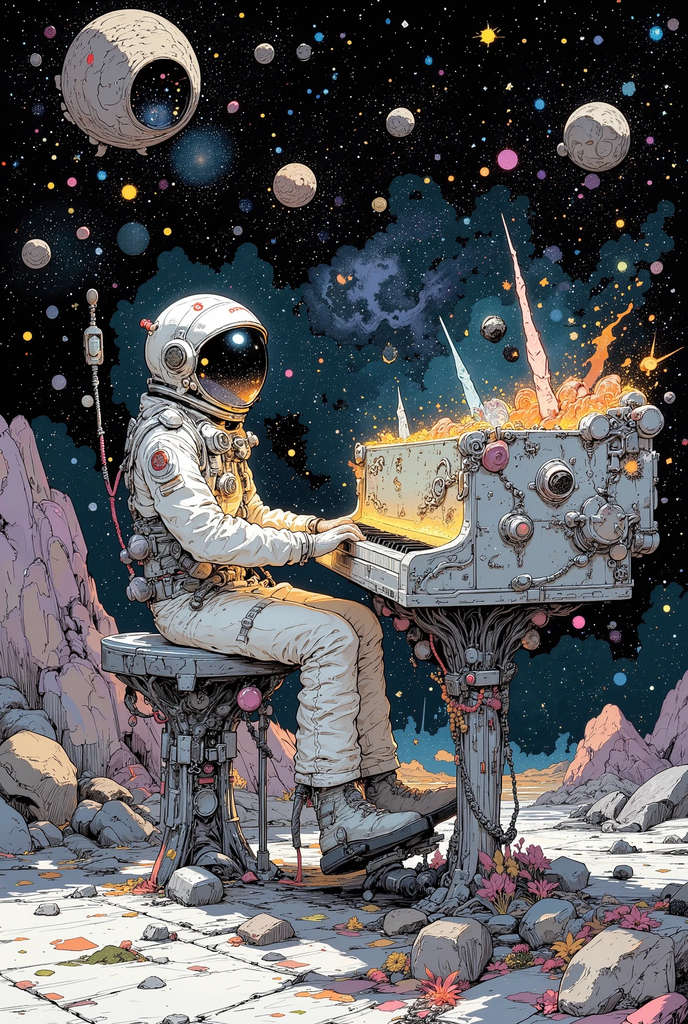 astronauts play the piano to beautiful music、The colorful crystals pulsate and、continue to shine。