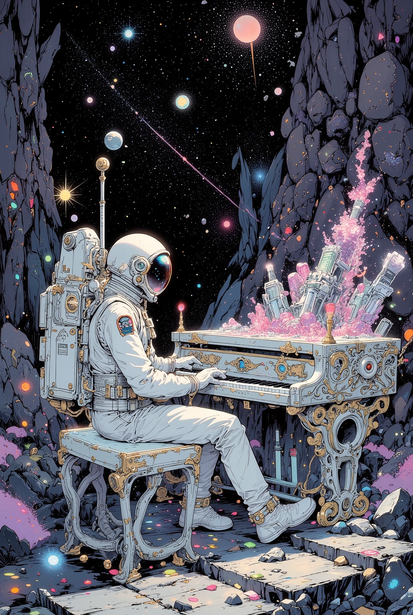 astronauts play the piano to beautiful music、The colorful crystals pulsate and、continue to shine。