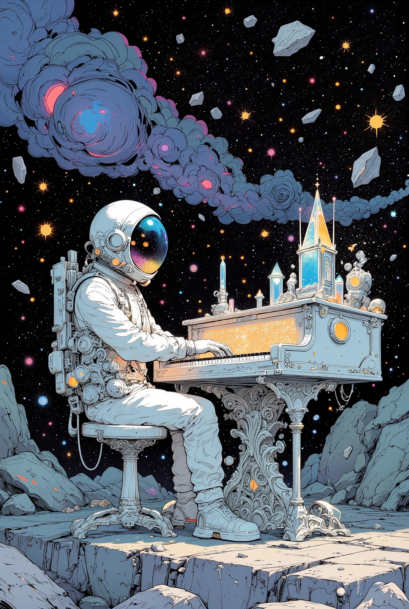 astronauts play the piano to beautiful music、The colorful crystals pulsate and、continue to shine。