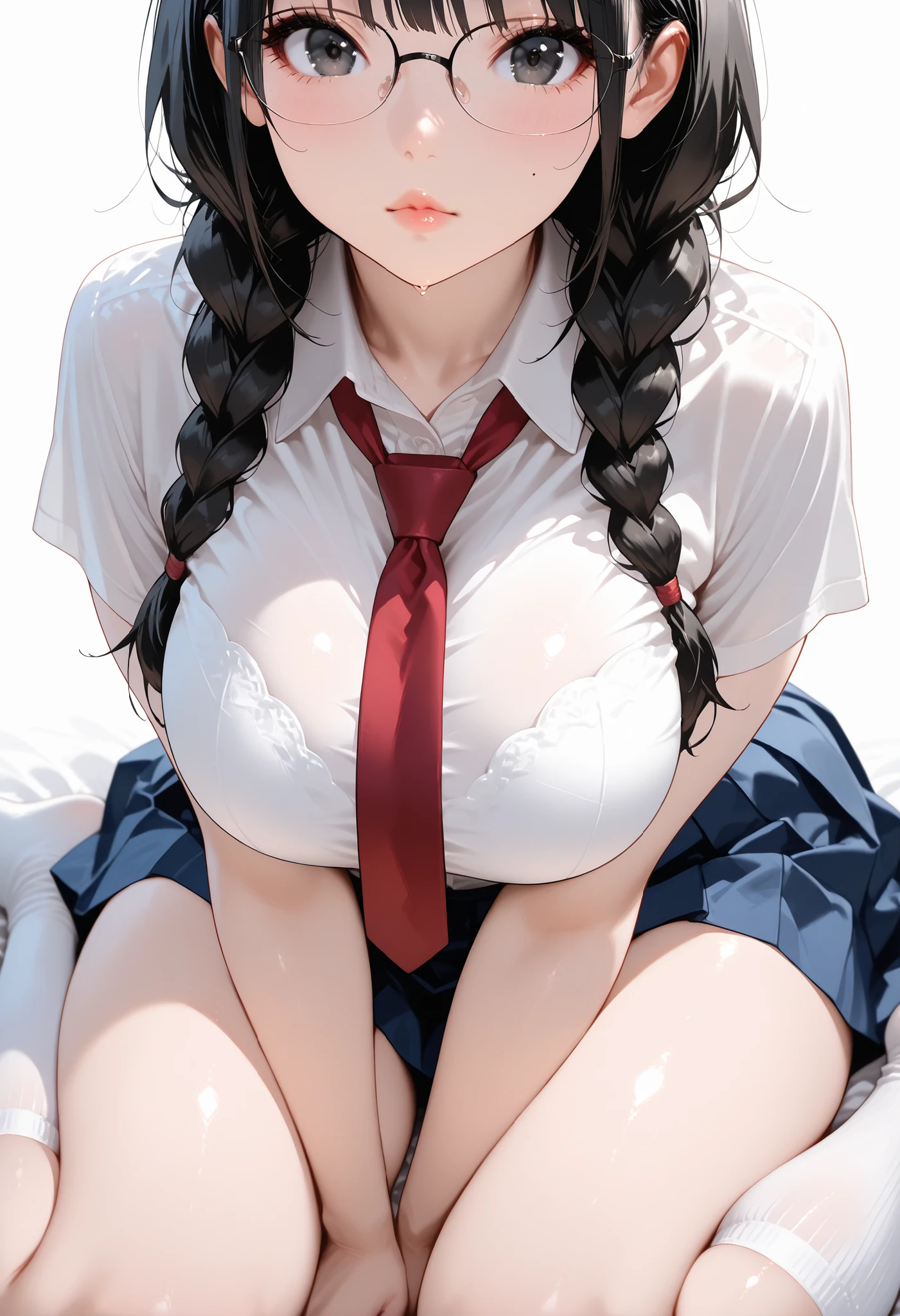 (masterpiece, expensiveest quality:1.2), 8k, Official Art, RAW Photos,(((Close your eyes and watch the peak of pleasure))))、( expensive 、Pleated skirt:1.4), Has seven heads、A stunningly beautiful ,(((Having sex on top of her boyfriend))),(((The front of the white shirt is open、Her beautiful chest reveals her belly、White socks)))、 (Pleated skirt:1.1), close, , Short sleeve, No makeup,Bright bedroom、 Detailed eyes and face、Long bob hair with bangs、(((Detailed and beautiful female genitalia)))、(((White skin)))、(((both hands)))、(((Two Arms)))、Bright bedroom、super slim texpensives、(((Spread your legs and expose your crotch to the viewer.)))((Beautiful crotch))、((((手とTwo Arms)))),(Very young and busty:1.2)