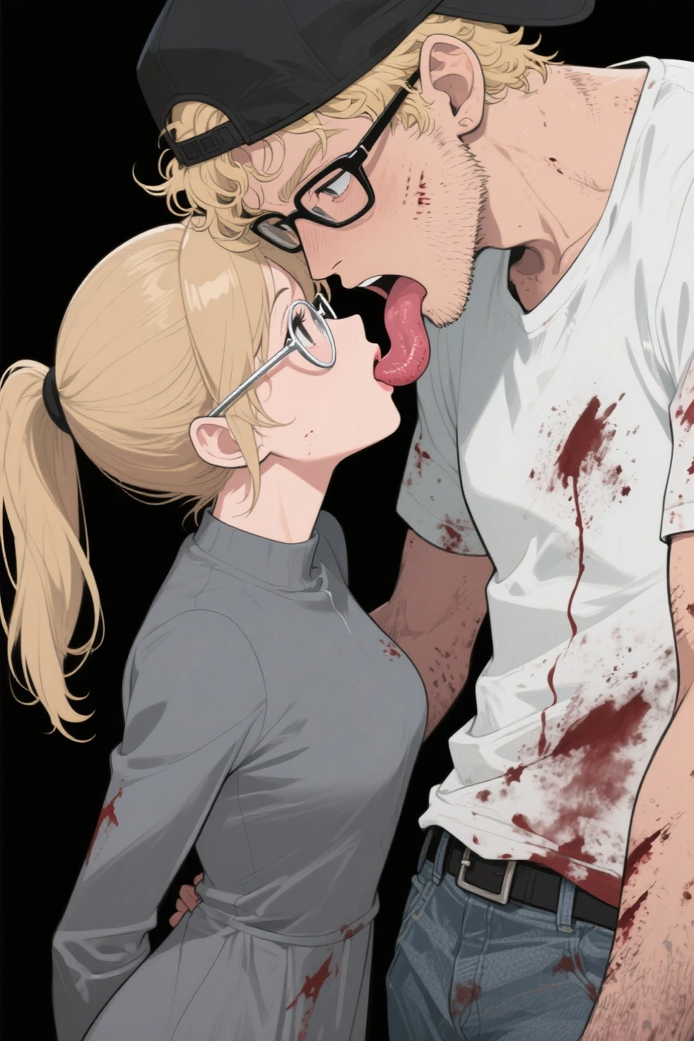 1 older woman with long, light pink hair,kissing a younger boy with short black hair,she is holding his head,(Tongue kiss), bloodstains,both with a white blouse and a black tie, White background, estilo chainsaw man