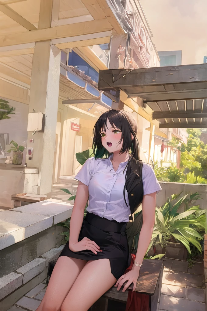 (score_9, score_8_up, score_7_up), 1girl, 独奏, Lum, long hair, bangs, blue hair, blue eyes, aqua hair, eyeshadow, large breasts, looking at viewer, blush, drives a motorcycle, Sitting on a motorcycle, rides a motorcycle, no helmet, In a leather jacket, hair fluttering, on the overpass, neon city lights, left hand on the steering wheel, right hand holds a lollipop, licks a lollipop, pleasure on face, bliss, Snide grin,