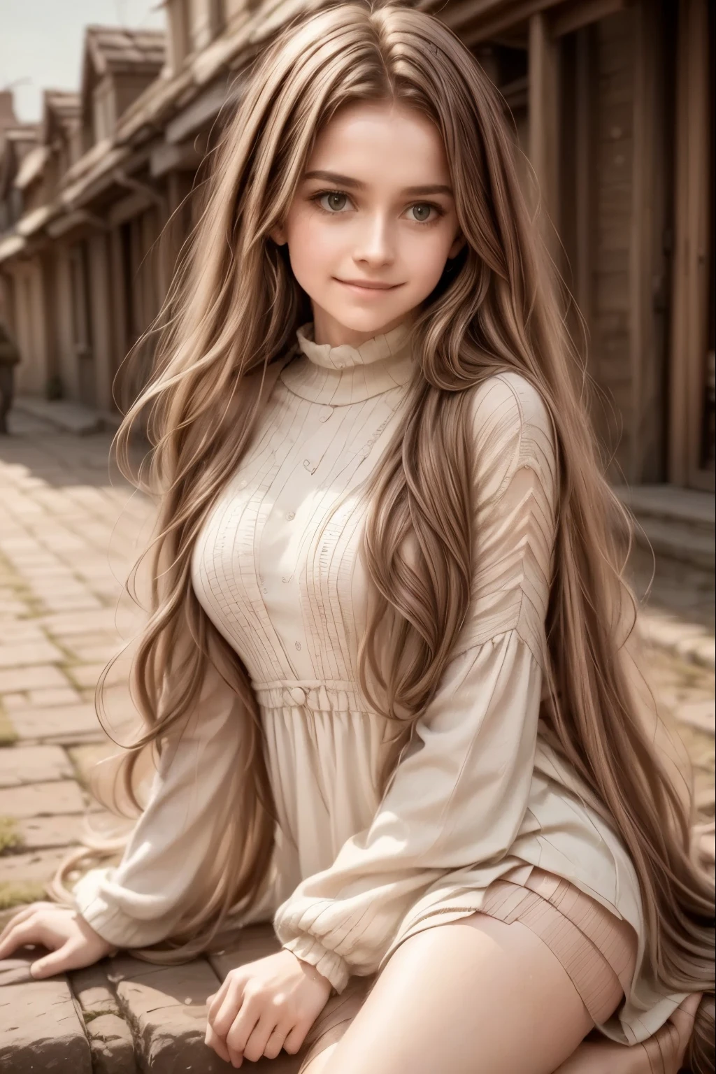 A young girl with long wavy hair, wrapped in a light cloak, sits on top of a grassy hill under a starry sky. Before her stretches a vast city lit up by thousands of golden lights, with streets intertwined like luminous veins and buildings that stand out against the darkness. The night breeze gently moves her hair as she gazes at the panorama with a dreamy and thoughtful air. In the background, the full moon dominates the sky, reflecting on the river that runs through the city. The style of the image is realistic with dreamlike elements, rich in details and evocative atmosphere.