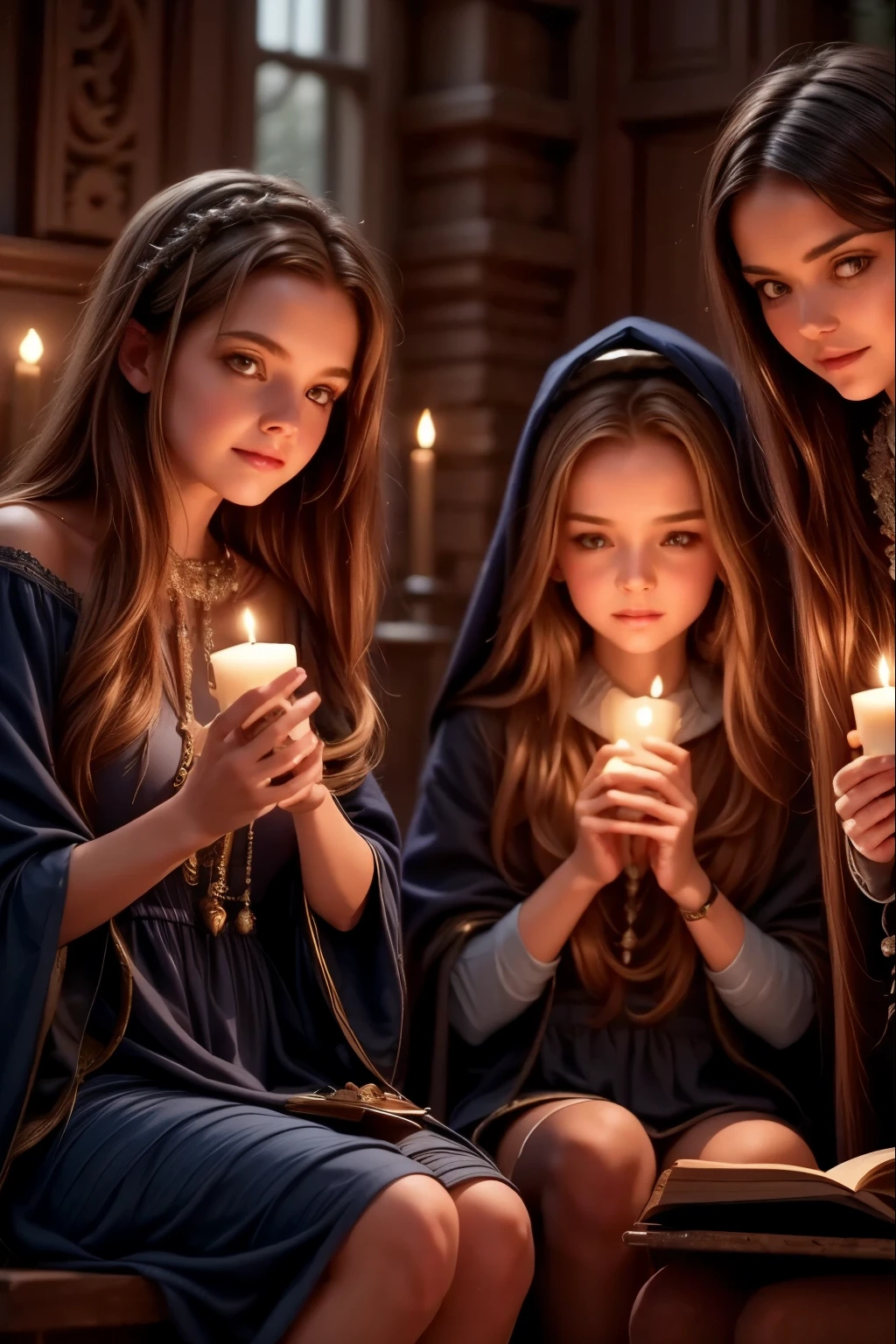 Three girls in Gothic costumes are holding candles and praying, black magic spells, scary horrifying satanic rituals, spell casting, spell casting wizard, Wicca, Bruxas, com poderes de magia negra, !5 three eyed goddesses, em vestes roxas escuras, 3 sisters look into the mirror, Kramskoi 4 mil, holy flame spell, Wiccano, little girl with magical powers