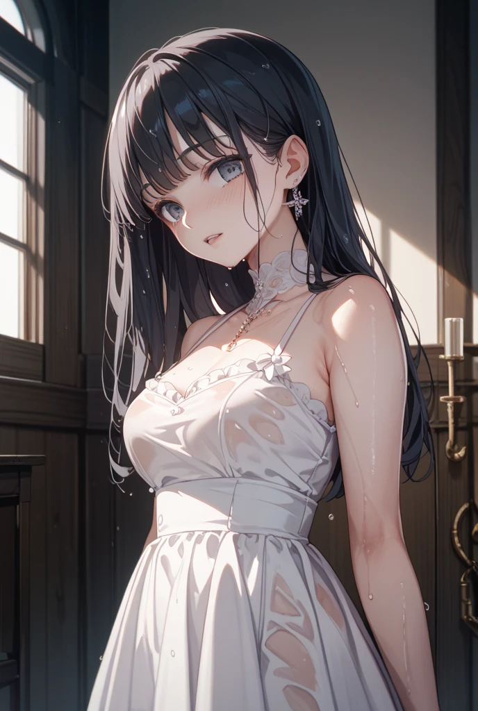Pure white shirt,long hair,Small Bust,Cleavage,Areola,mini skirt,White panties
