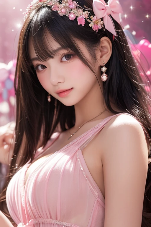 Gentle and attractive Chinese beauty, Half-body photo, Delicate and sexy collarbone, Attractive oval face, double eyelid, Bright pink eyes, Pink Lips, Small Nose, Bare shoulders, Concentrated face, Face close-up, Ultra-high resolution, Super Detail, Elegant standing posture, Korean style puff sleeve square collar slim short shirt, Pair it with a high-waisted light-colored jeans suit.