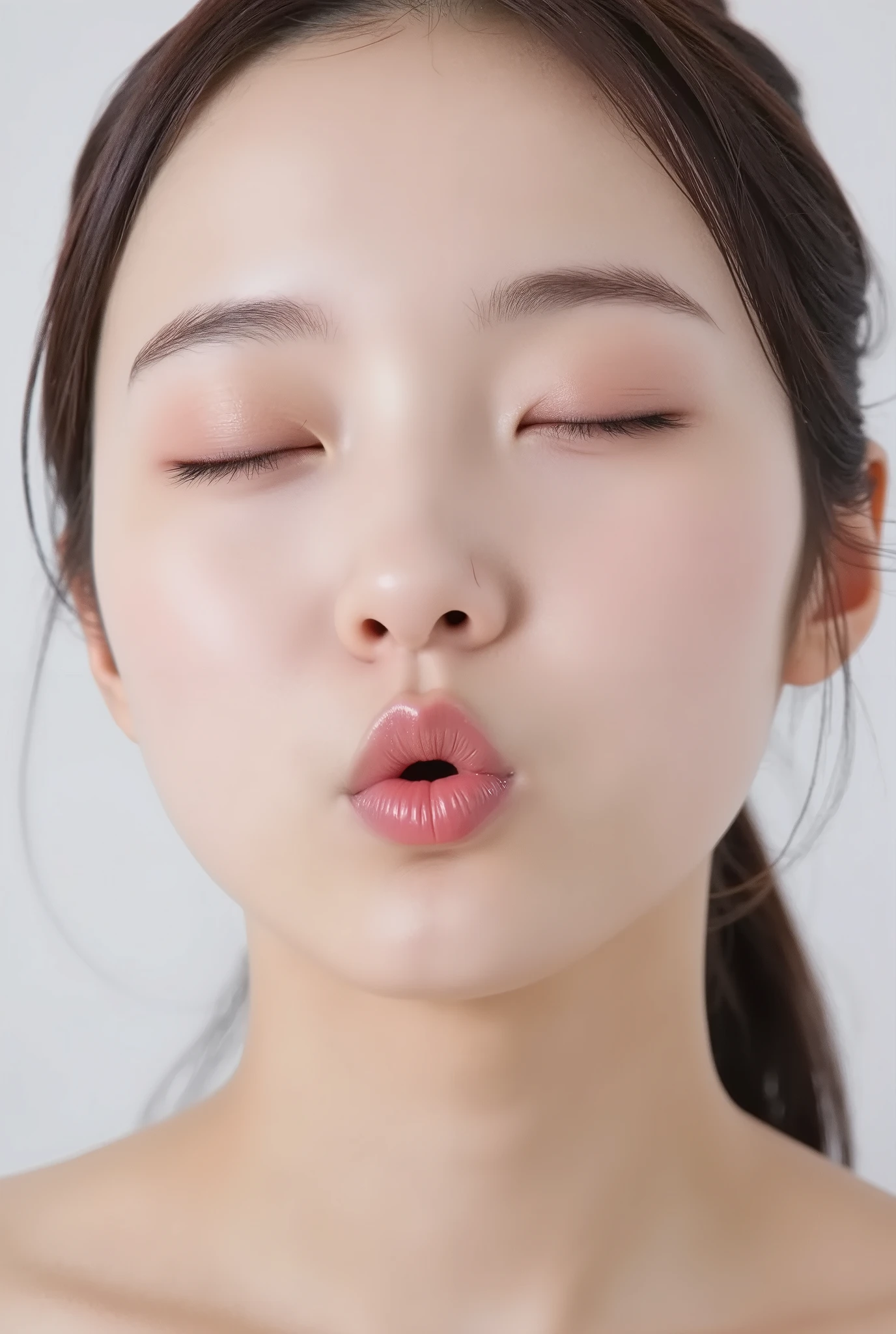 ultra-detailed close-up of a beautiful girl, collarbone-up composition, white studio background, soft natural lighting, slightly elevated camera angle (around 35 degrees), full face and head visible in frame, chin slightly raised, eyes gently closed, deeply affectionate smile, cheeks and ears flushed, dreamy, blissful, euphoric expression, mouth puckered and protruding with a rounded kiss shape, glossy moist lips with shimmering highlights, soft lips reflecting light, extreme focus on lips, inviting kiss pose, longing expression, desperate affection, dere-dere mood, hands behind her back and not visible, natural skin texture with visible peach fuzz, matte facial skin, black camisole strap visible, soft head tilt, bokeh background and soft facial contour blur to emphasize lips, overflowing with affection and dazed joy