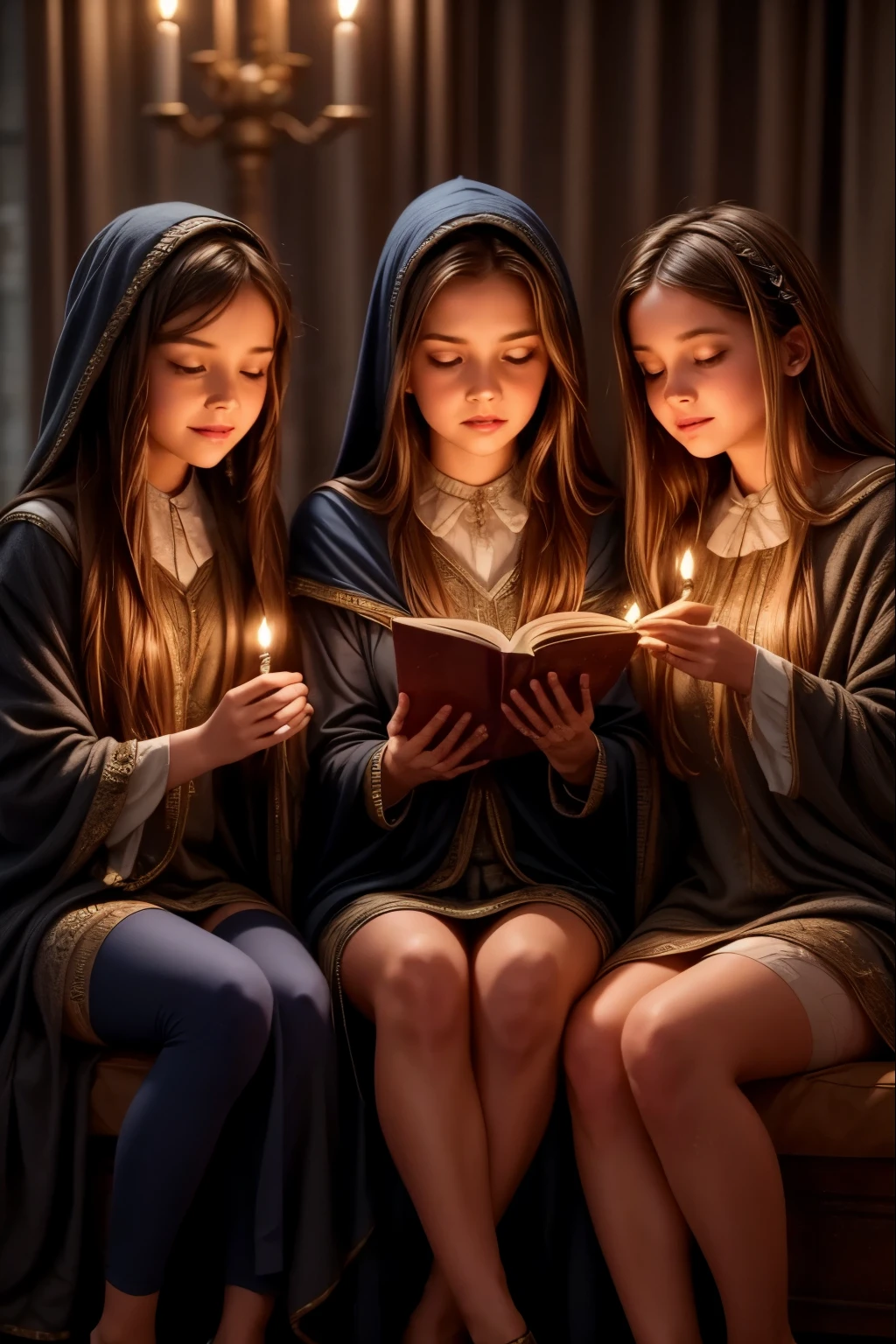 A majestic classroom of magic lit by floating candles and glittering spells. Four young witches, each representing one of the houses of the prestigious Eldoria Academy—Lumen, Umbra, Aether, and Terranova—are seated at their seats, concentrating on an advanced spell. At the center of the scene, Professor Selene Veyra, wrapped in an elegant midnight blue cloak, casts a powerful incantation, while objects levitate harmoniously around her. The atmosphere is charged with magic, with luminous trails dancing in the air and ancient tomes floating above the students. The style is intended to be detailed and fantasy-like, with bright colors and a touch of mystery.