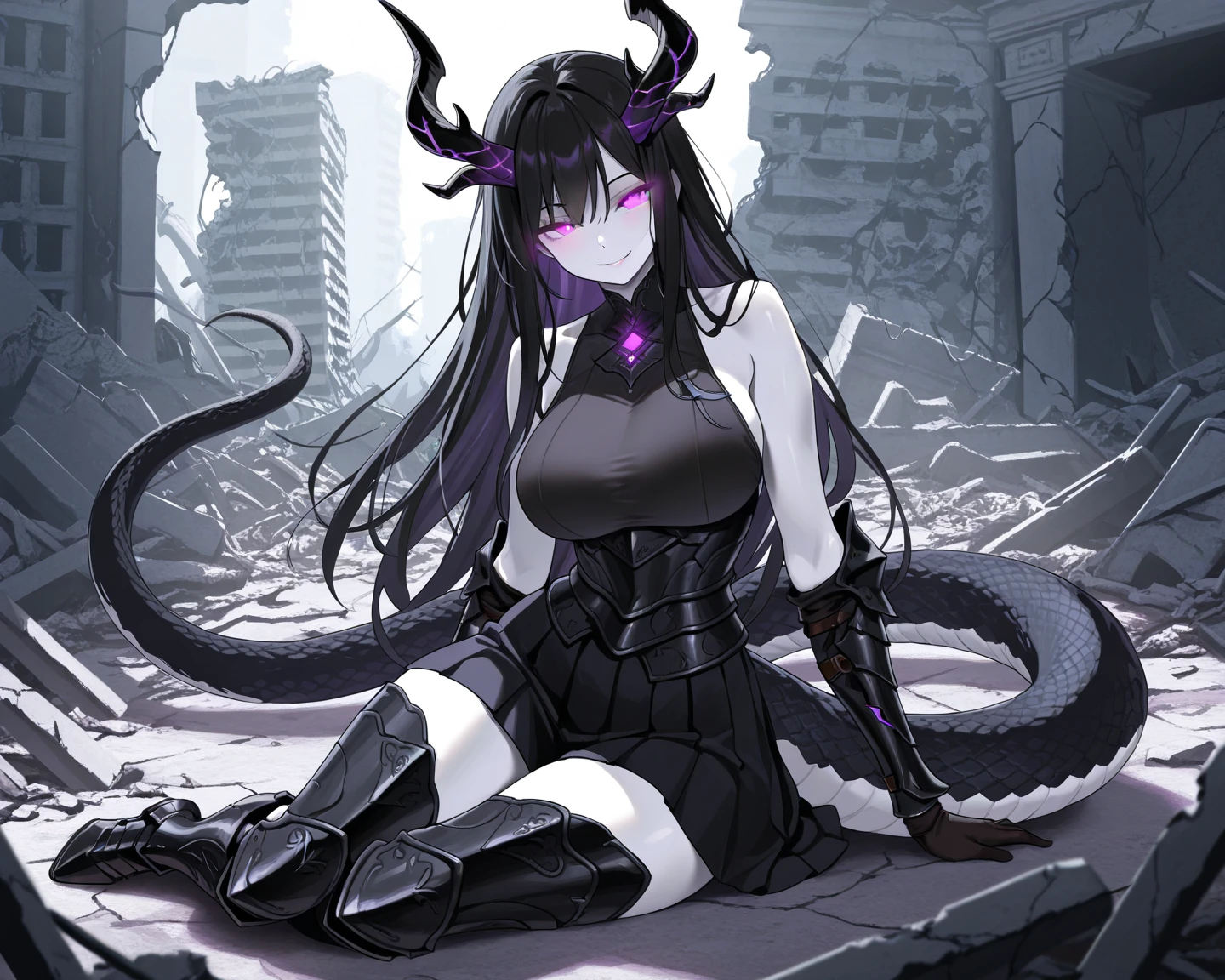A girl fused with a centipede. Armor. Black and blue. With a weapon.