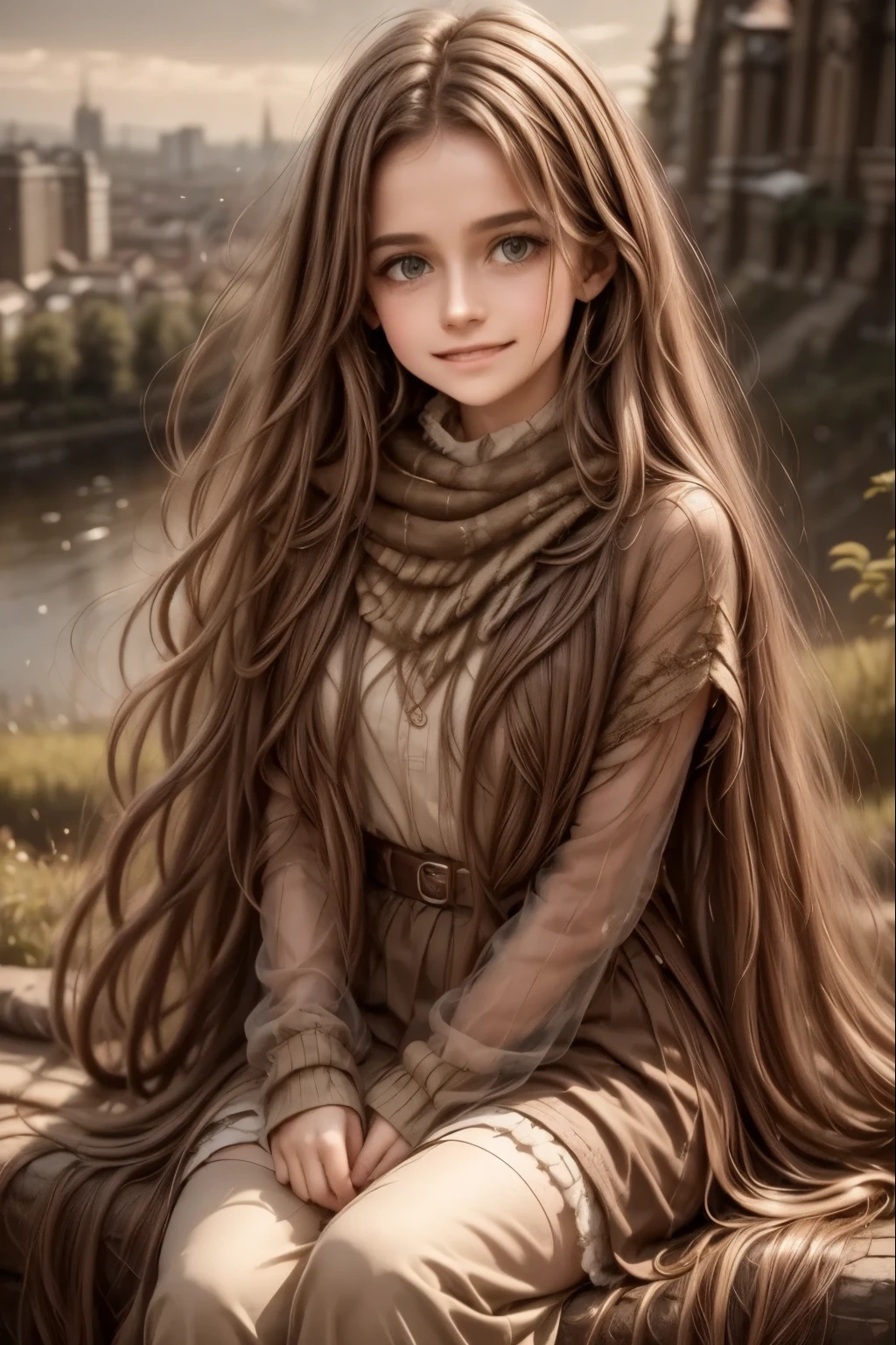 A young girl with long wavy hair, wrapped in a light cloak, sits on top of a grassy hill under a starry sky. Before her stretches a vast city lit up by thousands of golden lights, with streets intertwined like luminous veins and buildings that stand out against the darkness. The night breeze gently moves her hair as she gazes at the panorama with a dreamy and thoughtful air. In the background, the full moon dominates the sky, reflecting on the river that runs through the city. The style of the image is realistic with dreamlike elements, rich in details and evocative atmosphere.