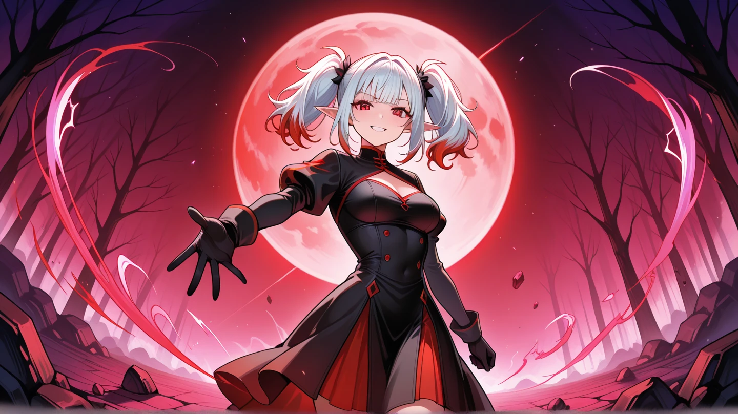 masterpiece, best quality,
1girl, (colorful),(finely detailed beautiful eyes and detailed face),cinematic lighting,bust shot,((young, petite, flat chest)),extremely detailed CG unity 8k wallpaper,white hair,red eyes,solo,smug smile,intricate skirt,((revealing outfit, sheer clothing, see-through clothing, cutout clothing, skintight)), ((vampire fangs, blood dripping from mouth, licking fingers)), ((flying petal)),(Flowery meadow)
sky, cloudy_sky, building, moonlight, moon, night, (dark theme:1.3), light, fantasy,