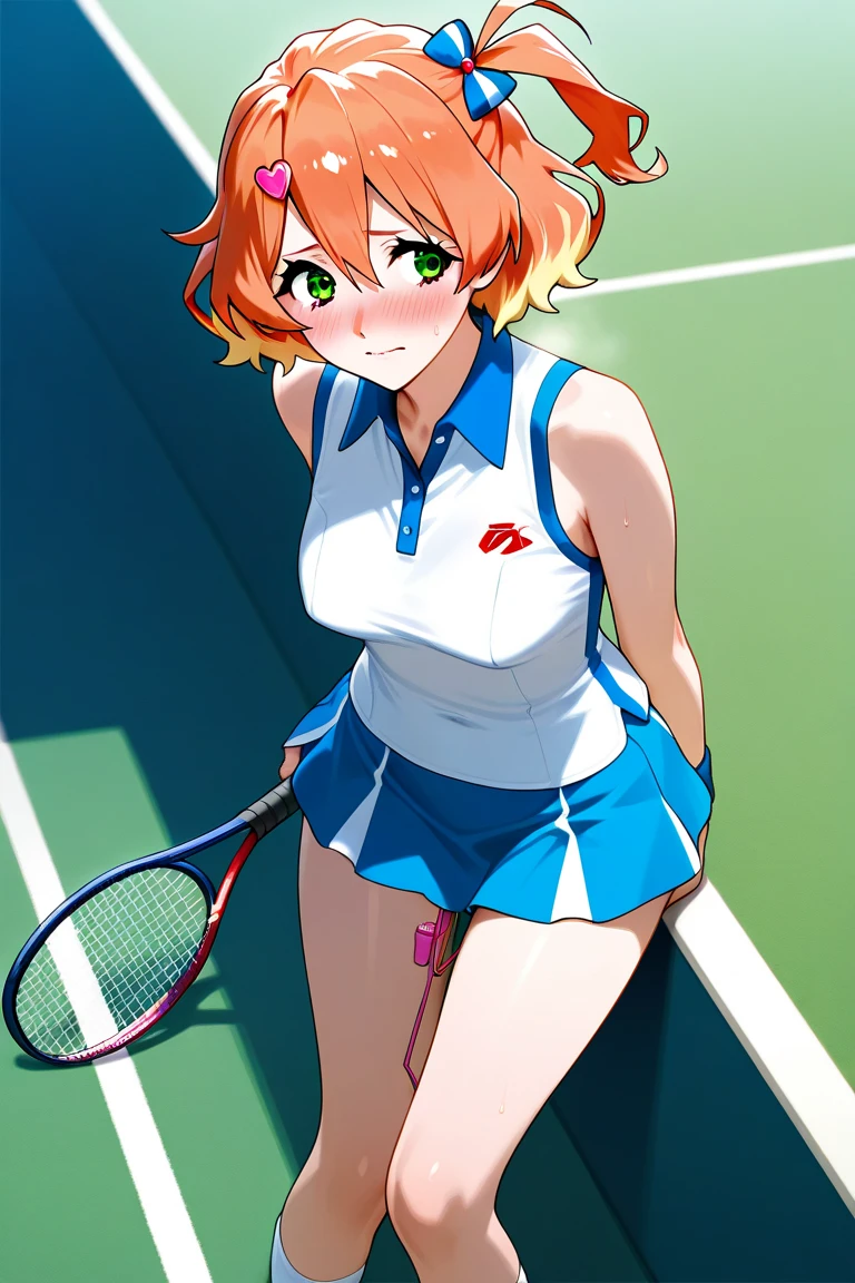 (((Official art,superfine illustration,hight resolution, 4K, 8K, hight resolution, masutepiece, best qualtiy,Best Quality:1.3))), (A little boy),12 years old, A young tennis idol with a cute face.,A boy who looks like the prince of tennis、 Standing, Cool handsome face with smile, White Tennis Shoes、 Long legs, thighs thighs thighs thighs, Foots, Bulge, (dark red hair、)、 Short,spiky hair、Shiny hair, boy with sharp eyes, (Tight, shiny white training suit、), (shiny tight tennis shorts), (Tennis Socks), tussock, Cool pose, (太いthighs thighs thighs thighs,Big buttocks),(((park tennis field)))、((cocky、Smirk、))、,Ultra-fine painting, ,(((Being aware of the sexual gaze of middle-aged gay men)))、Service Shots、(((Long leather gloves))),(((Anime-like coloring、Clearly emphasize the white part of the eyes、Super detailed eye expression))),
