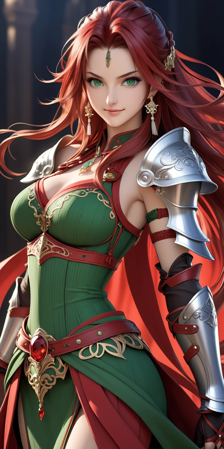masterpiece, best quality, 1girl, solo, breasts, green eyes, red hair, long hair, weapon, navel, lipstick, large breasts, gloves, makeup, sword, earrings, jewelry, headband, choker, cleavage, armor, lips, elbow gloves, very long hair, signature, red lips, smile, upper body, holding, looking at viewer