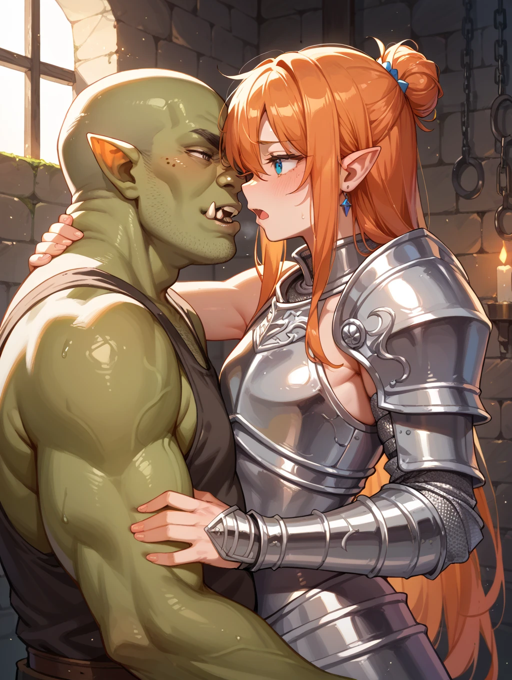 1girl,18yo,good anatomy, masterpiece, best quality,realistic, hyperrealistic, 16k hdr,(braid,necklace,damaged body,sweat,spread legs,beautiful face,mature female,muscular paladin,metal bra,cleavage,torn costume,arm guard,leg guard,shoulder armor:1.2),(all fours:1.3),(red blush,crying,open mouth,drooling,sidefellatio,sucking penis,cum on face:1.4),(1 Heinous estrus huge monster,standing,grab her head hard,penis:1.4),upper body,from side,(looking up:1.2),fantasy world,outdoor,village,(burning house:1.2),(surrounded goblins),from below