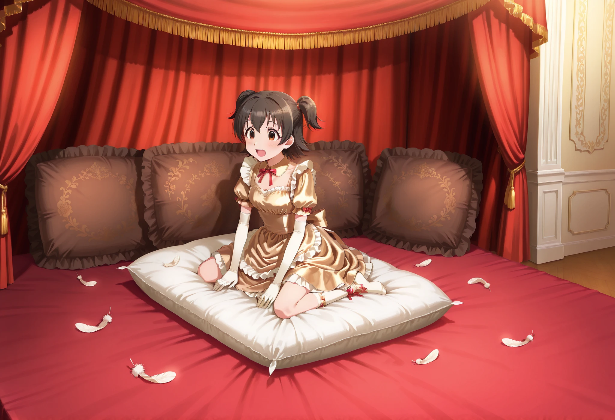 (score_9:0.9),score_8_up,score_7_up,negative_hand, realistic,Akagi_Miria_Cinderella, short hair, black hair, brown eyes, two side up, hair between eyes , lovely small breasts , alice dress, alice in wonderland dress, over elbow glove, satin, 1girl, solo, nsfw, full body, whole body view, open mouth, indoors, pillow, frilled pillow, (((dark brown satin pillow))), luxury pattern, Pillow on the floor, many large pillows on everywhere, canopy, large pillow, giant pillow, oversize pillow, pile of pillows at the background, pile of pillows on the floor, many pillows on everywhere, deflate, deflating pillow, stomping pillow on the floor, feathers, feathers everywhere, feathers stuffing pillow, stomping pillow,sitting on the bed, stomping down on the pillow, abuse, abusing pillow, stepping, stepping on the pillow, stomping down the pillow, violating the pillow, pillow damage, ripping pillow, destroy pillow, damage mark on the pillow, straight stomping on the pillow, standing, (((stomping impact on the pillow))), stomping object, direct stomping on the pillow, normal eyes, scattered feathers, torn pillow releasing feathers, pillow stuffing, torn fabric of the pillow, feathers mess, pillow in laying position, far view, source_anime, official anime artwork, screencap, anime screencap, rough action, free hands, palm hands, square pillow, euro pillow, royal bedroom, high hells