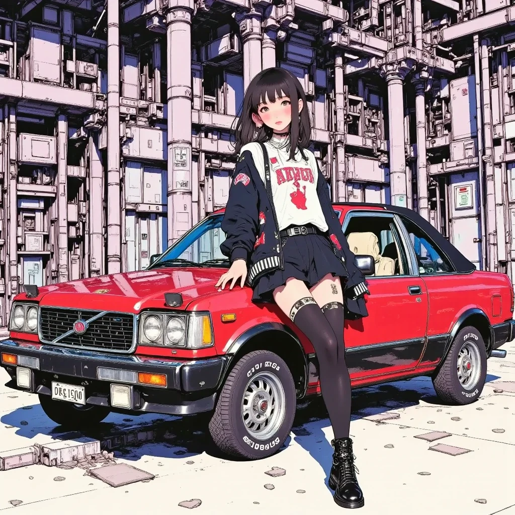 arafed woman sitting on the hood of a car in a city, anime style mixed with fujifilm, akira vibes, shohei otomo, e - girl, e-girl, cars portraits, official artwork, style of hajime isayama, style of masami kurumada, kodakchrome : : 8 k, japanese streetwear