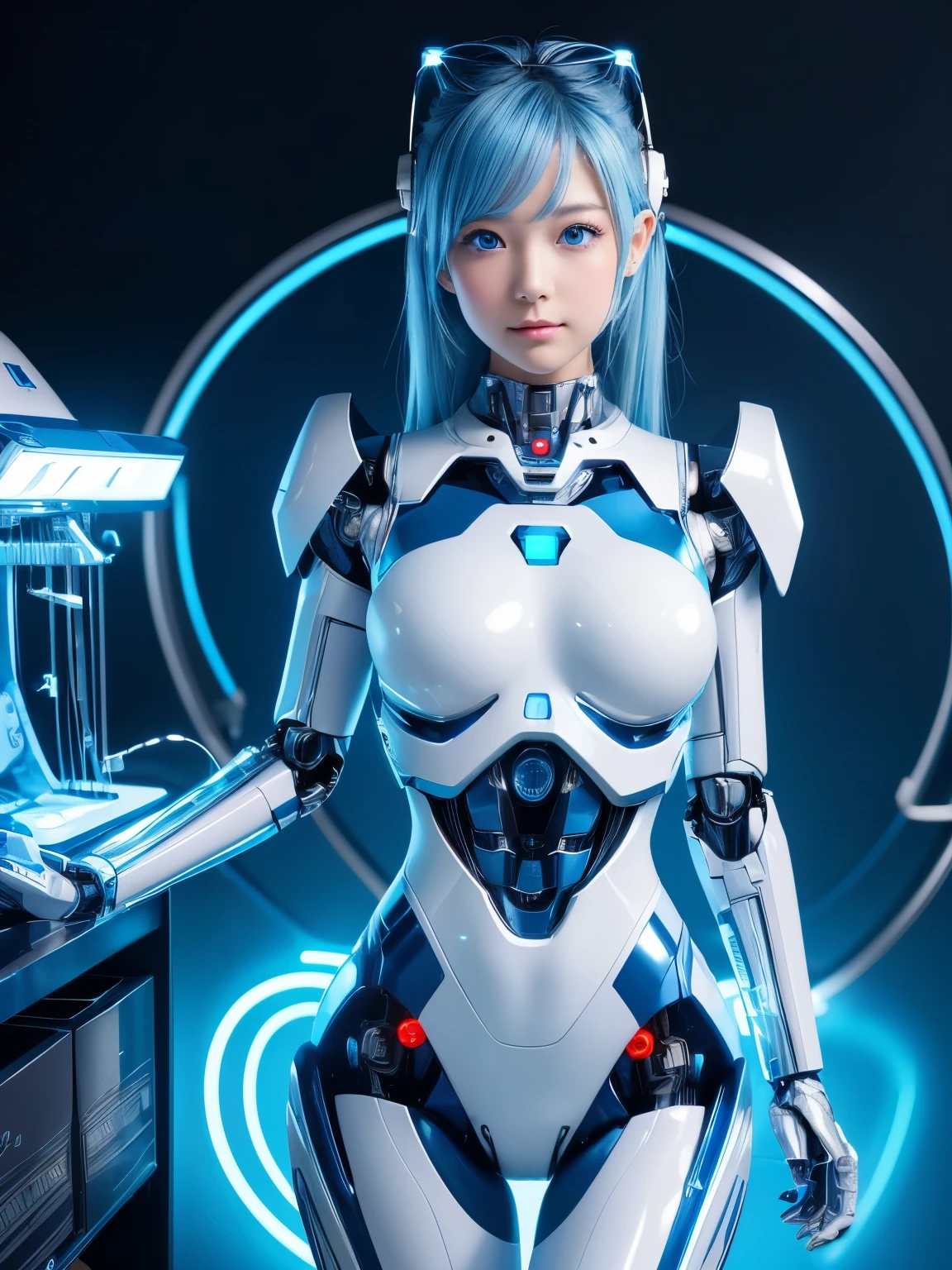 (top quality, high definition, masterpiece:1.2), Highly detailed, Realistic:1.37, ( Complete Anatomy), 1 girl,Actress, cowboy shot, cute and beautiful Japanese woman .AKB Idol,(Transform into an alien robot :1.3), very cute face,,(Shining blue LED eyes :1.3),Beautiful skin, Detailed facial features ,Beautiful hair,(head brace and body suit with many cables), (white and blue shiny plug suit:1.1),( detailed electronic circuits in her body are clearly visible ) (Attractive make-up), Light Blue Hair,Intricate Decorative Details,,( background is inside surgical machine ...:1.2).