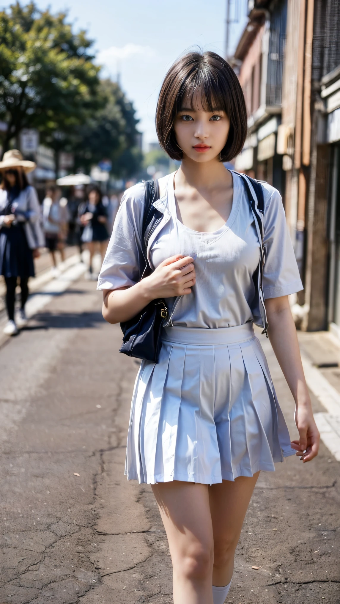 (Junior high school girls walking on the streets of Tokyo:1.2、blue sky)、((school uniform、White blouse、Pleated skirt、Navy blue socks、loafers)、(Shoulder bag、The strap of the bag passes between the chest、paisla:1.5)、the wind is strong、(Realistic、Like a photograph、Live Action、8k, Realistic, RAW Photos, Best image quality: 1.4), Single-lens reflex camera、RAW Photos, Highest quality, Realistic, Highly detailed CG Unity 8k wallpaper, Written boundary depth, Cinematic Light, Lens flare, Ray Tracing, Realistic background、((Ultra-Dense Skin))、 A 14-year-old girl on her way to school,cute Japanese、(whole body:1.5)、Very detailedな顔，avert your eyes:1.1、(short hair:1.2、Shortcuty hair is blowing in the wind:1.4)、I like that style、stylish、Very detailed、Pay attention to the details、Perfect outfit、(Sunburned skin)、View from above、Accurate hands、Accurate legs、Detailed hands and fingers、Anatomically correct body、Thin legs、Thin thighs、Small breasts
