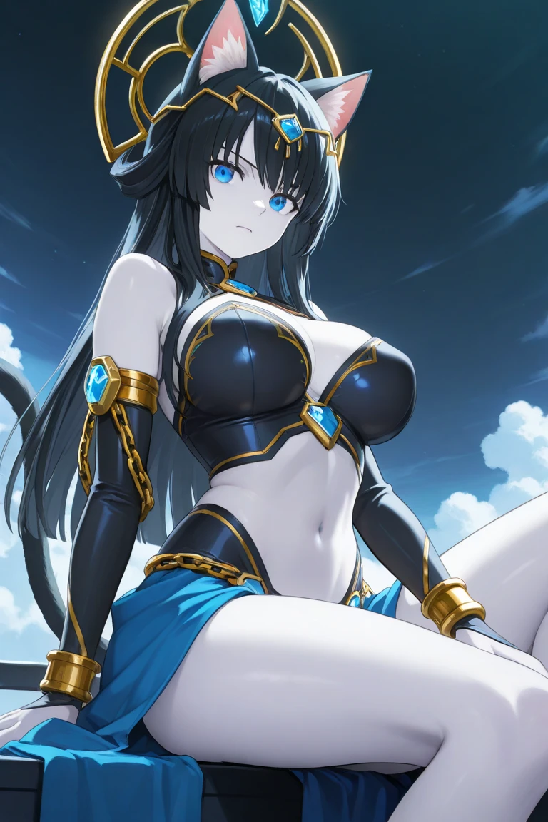 best quality, masterpiece, highres, solo, {scheherazade_fgo:1.15}, long_hair, black_hair, dark-skinned_female, dark_skin, green_eyes, circlet, breasts, forehead_jewel, jewelry, large_breasts, hat, 1girl, arm_behind_head, arm_wrap, armlet, armor, bandaged_arm, bandages, bangs, blue_armor, cleavage, covered_navel, facial_mark, looking_at_viewer, parted_bangs, parted_lips, pauldrons, shoulder_armor, breastplate, feathers, pelvic_curtain, ring, thighs, very_long_hair, arm_up, bracelet, bridal_gauntlets, simple_background, thumb_ring, white_background, skindentation