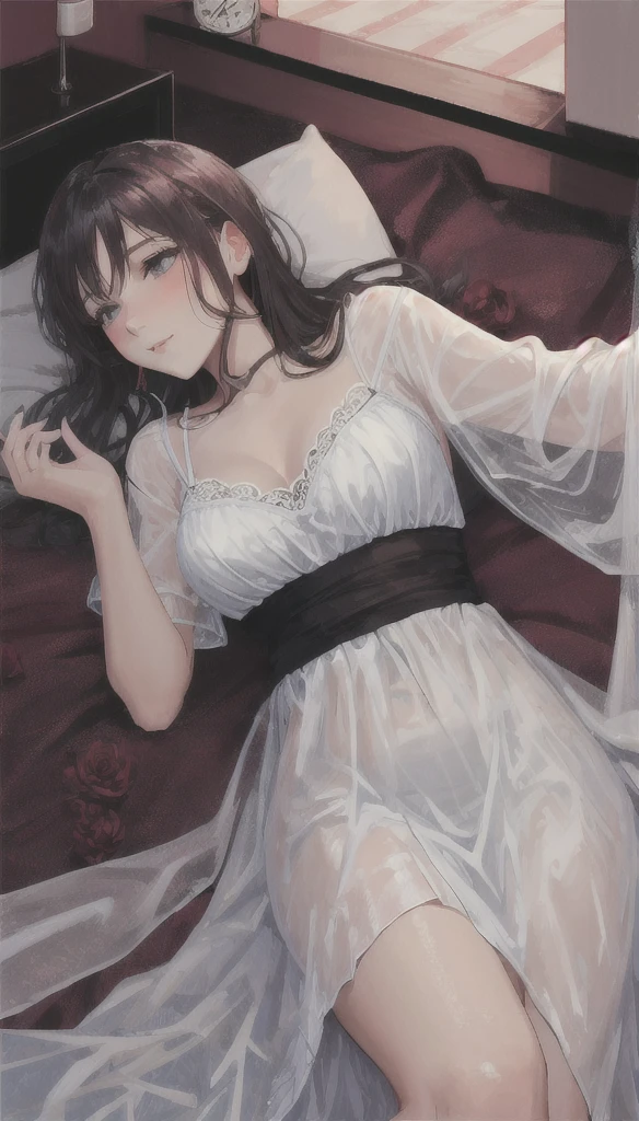 1girl,Spider weaving a net on the girl,réalism:1.2,ultra-detailed,bedroom setting,stretched pose,struggling in the net,brown haired,very long sheer skirt,oaken floor,soft sunlight,delicate spider silk,lace curtains,bedside table,decorative pillows