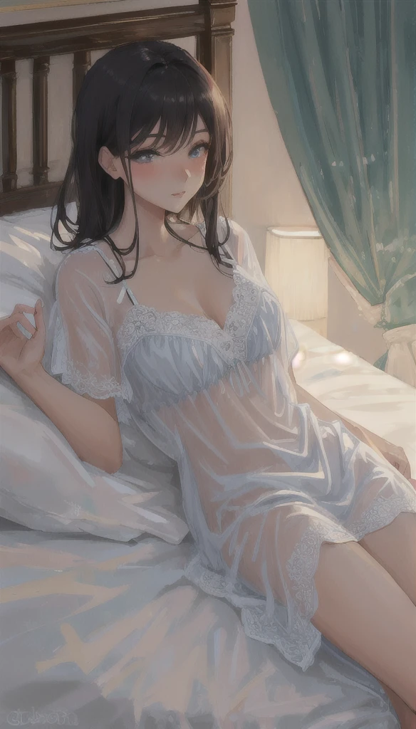 young girl, white negligee, pajama, thin fabric, cute, skin, light blue eyes, black hair, glasses, quiet, girly