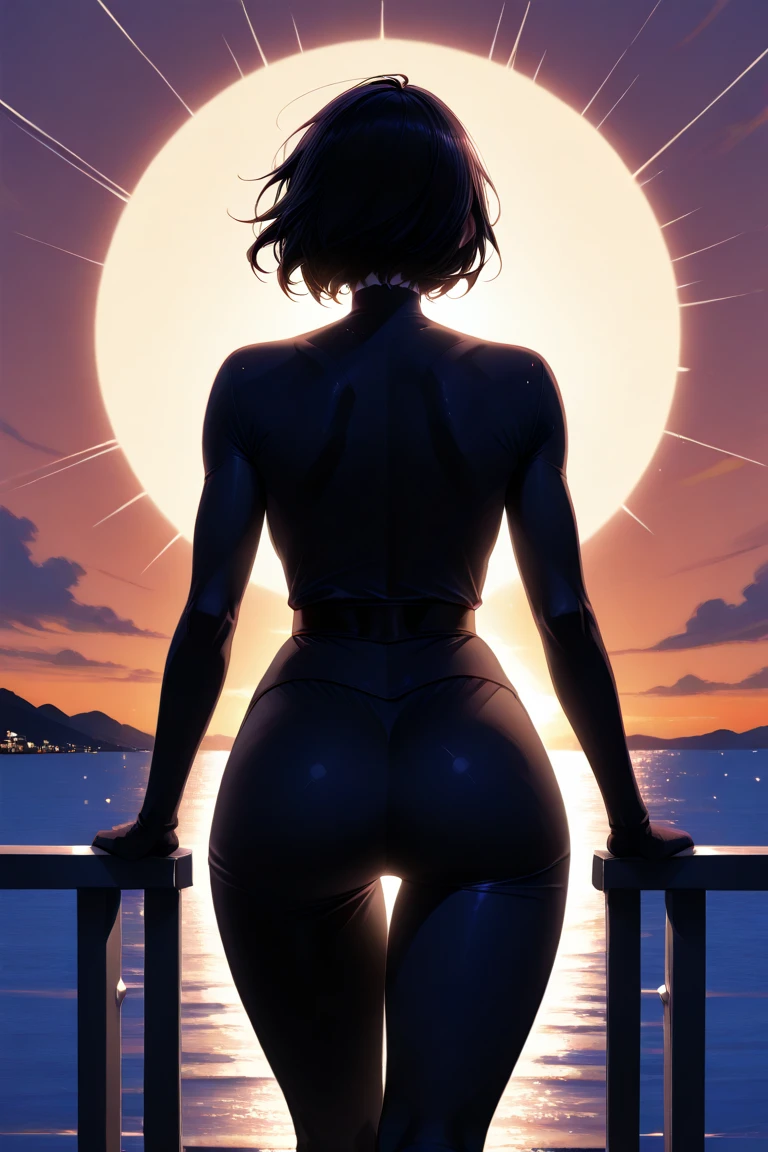 best quality,ultra detailed,solo,score_9, score_8_up, score_7_up, score_6_up, score_5_up, score_4_up, source_anime, 1girl, clara, blue hair, hair tubes, grey eyes, bodysuit,big breasts, standing sexy pose, (behind view,portrait),full body, standing on lava,heavenly ass, heavenly breasts, big ass, no shoes, wearing black heels, long legs, tight bodysuit, tight sleeves, black bodysuit, half-closed eyes, backside, crossed arms