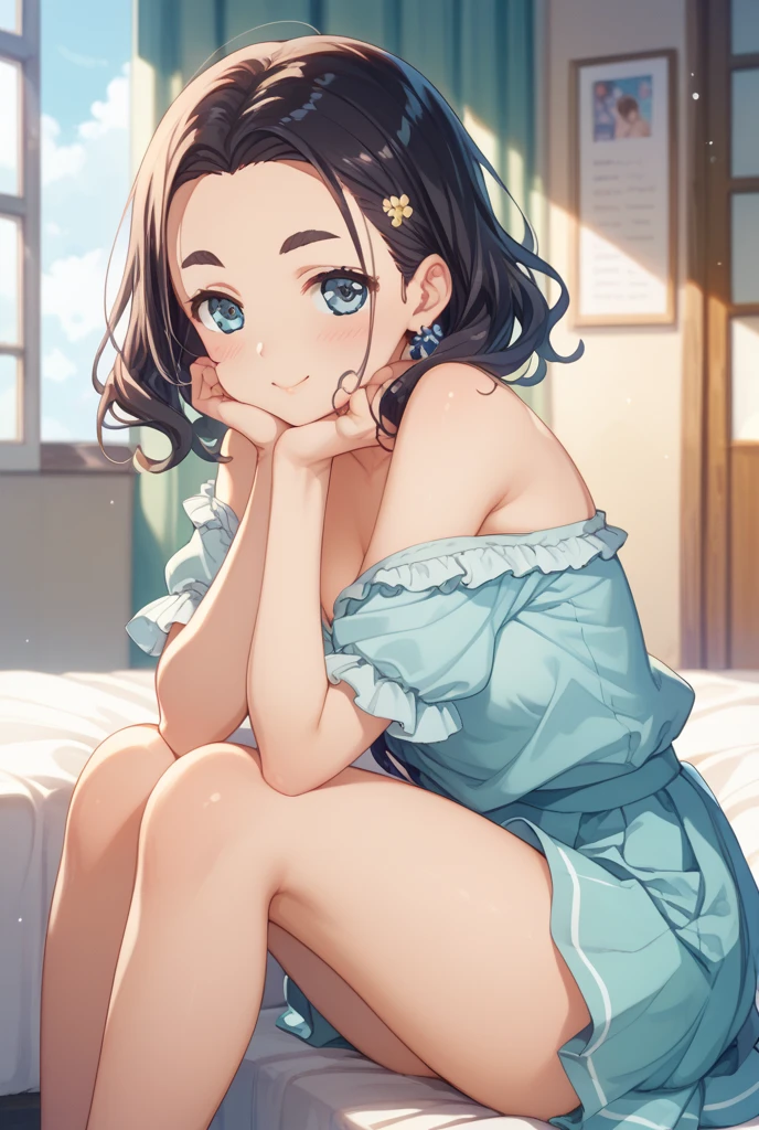 highest quality, pastel painting, Gentle atmosphere, twin girls, cute, smile happily, brown short hair of different colors,,,, Blue-eyed ones, Green-eyed ones, short dresses in different colors, flower hair ornament, Upper body, looking at the viewer, space, meteor, light, squat down
