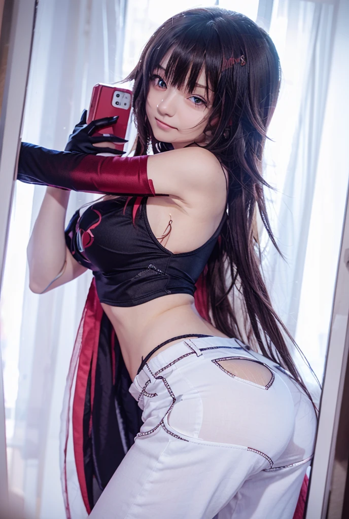(Photorealistic: 1.4), top quality, very delicate and beautiful, high resolution, 1girl, tifa_lockhart, red lingerie, smile, cowboy shot, suspenders, low rise, black hair, long hair, elbow gloves, beautiful detailed red eyes, face light, movie lighting, navel, high exposure, abdomen exposure, ribs, abs, ( gigantic breasts: 1.2), dynamic poses, dynamic angles, red lingerie