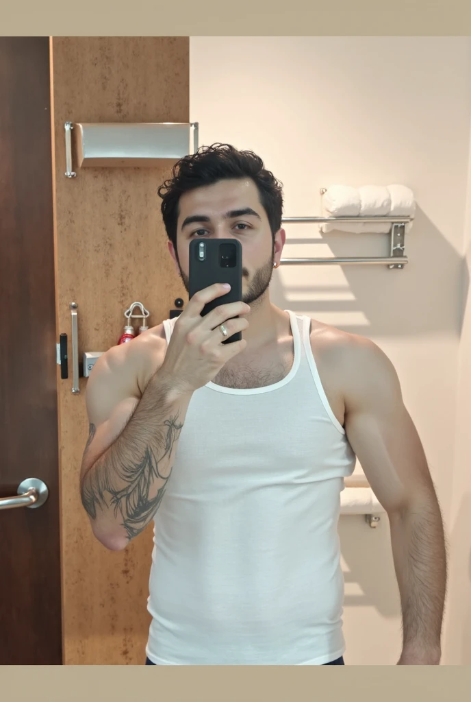 Handsome boy , light mustache, hot muscular body , medium curly hair , mirror selfie, best quality like its taken by iPhone 12 , wearing black sport shorts , wet body