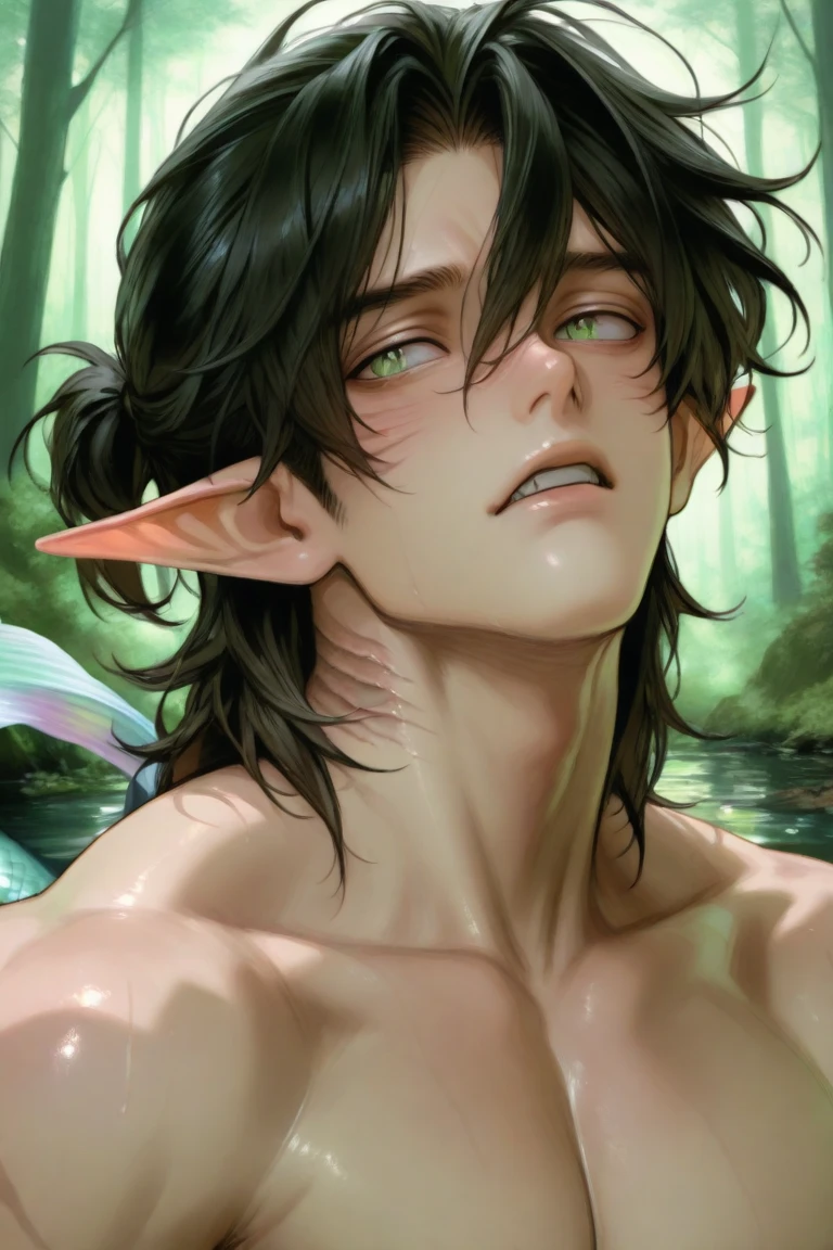 (absurdres, highres, ultra detailed), 1 male, (28 years old male) (short pointed ears) (elf) adult, handsome, tall slender guy, fierce eyes, narrow shoulders, finely detailed eyes and detailed face, messy shaggy black hair, shaggy hair, side bangs, bangs, green eyes, sexy twink, shirtless, bare chest, final fantasy 14, slave collar, full body shot, lazy pose expression, cinematic, forest bokeh,  dappled light, background