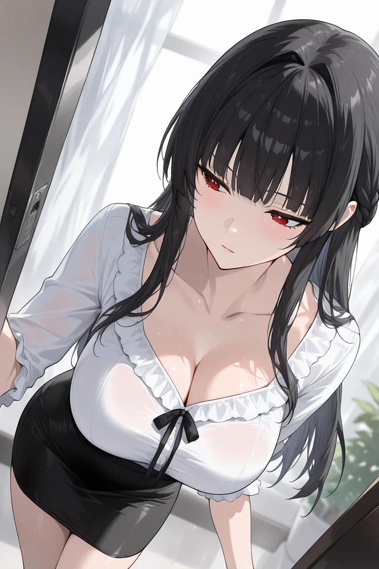 masterpiece, best quality, ultra-detailed, glistening shiny, glowing light, ray tracing, HDR, deph of field, (perfect face, detailed face), <lora:MorinoYuuko:0.7> , 1gir, solo, MorinoYuuko, green eyes, large breasts, black choker, long hair, lipstick, cleavage, skirt, cowboy shot