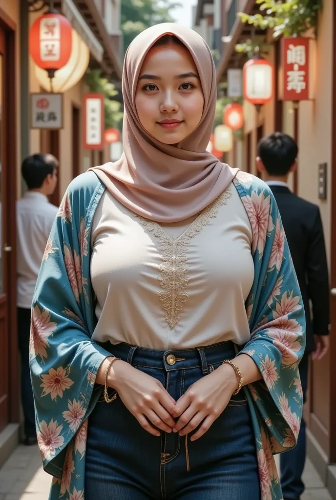 Matured Malay mom 40 years old wear shawl hijab and blue floral sexy shirt and shorts in cafe laughing with friends, crowded cafe, professional photography, beautiful girl, skin spots, acnes, skin blemishes, big breast, big chest, small waist, slim abs, wide hips, thick thigh, tall, bright lighting, blur background, people in background, morning scene, professional photography
