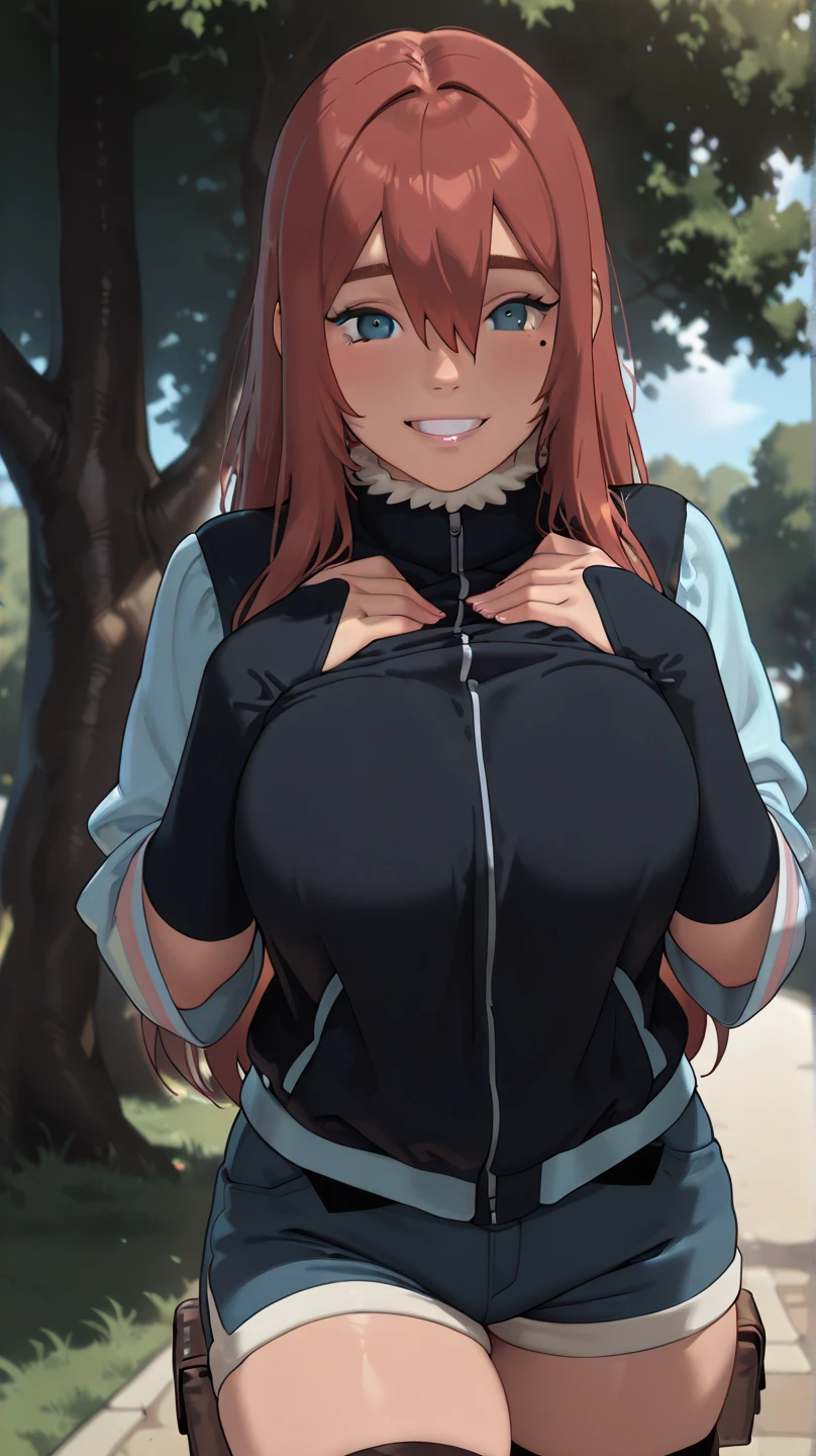 1girl ,20s,mature female,angry face,black bodysuit,(red hair),long hair,fox ears, sunny,( park),onimai style