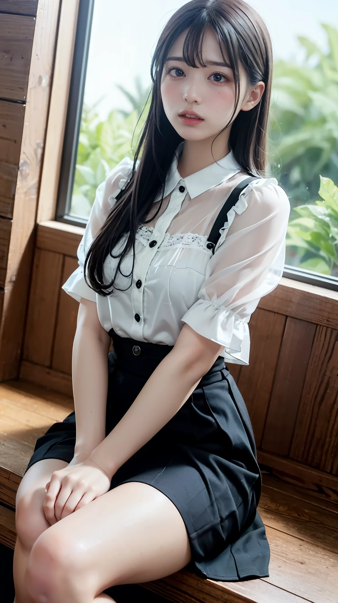 ((Light garden porch background)), (lo-fi), (soft focus), high quality, masterpiece, high definition, high definition, high resolution, 4K, ultra high definition, ultra high definition, ultra realistic shadows, ultra realistic, dramatic lighting, one girl, solo, detailed face, realistic eyes, realistic skin, dynamic hair, dynamic pose, dynamic angle, white flower dress, white background, ulzzang-6500-v1.1, (raw photo: 1.2), (photorealistic: 1.4), beautiful detailed girl, highly detailed eyes and face, beautiful detailed eyes, ridiculous, incredibly ridiculous, huge file size, super detail, high resolution, very detail, highest quality, (bright indoors), (soft light), (low contrast), (shallow depth of field), ( Portrait of a beautiful woman illuminated by gentle light), (very delicate and elegant depiction), (short length bangs), (hair color is dark chestnut with a slight brown tone), (hair with subtle gentle waves), (small braid intricately woven on the sides of long hair), (decorated with thin ribbons), (white blouse with small ruffles), (bow tie), (blue long skirt), ( white short ankle-length silk socks), illustration, very detailed, CG, unification, 8k wallpaper, amazing, fine detail, best quality, highly detailed CG unified 8k wallpaper, face light, movie lighting, 1 girl, 16 years old, (((without panties)), (dynamic pose))), (camel toe), (half), (bent knees and legs sitting))